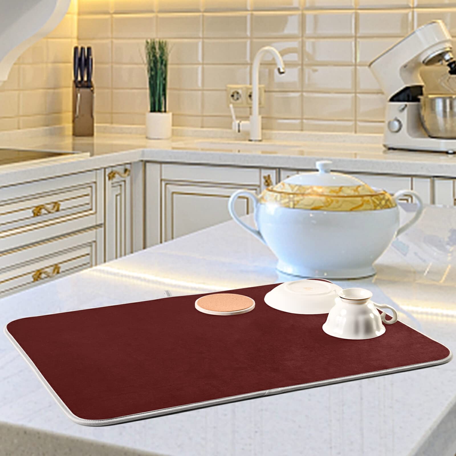 Burgundy XL Dish Drying Mat - 18x24 Inch Large Microfiber Kitchen Counter Mat, Heat Resistant Dish Drainer Pad for Dishes - Perfect for Kitchen Countertops, Sink Areas & Dish Drying Stations