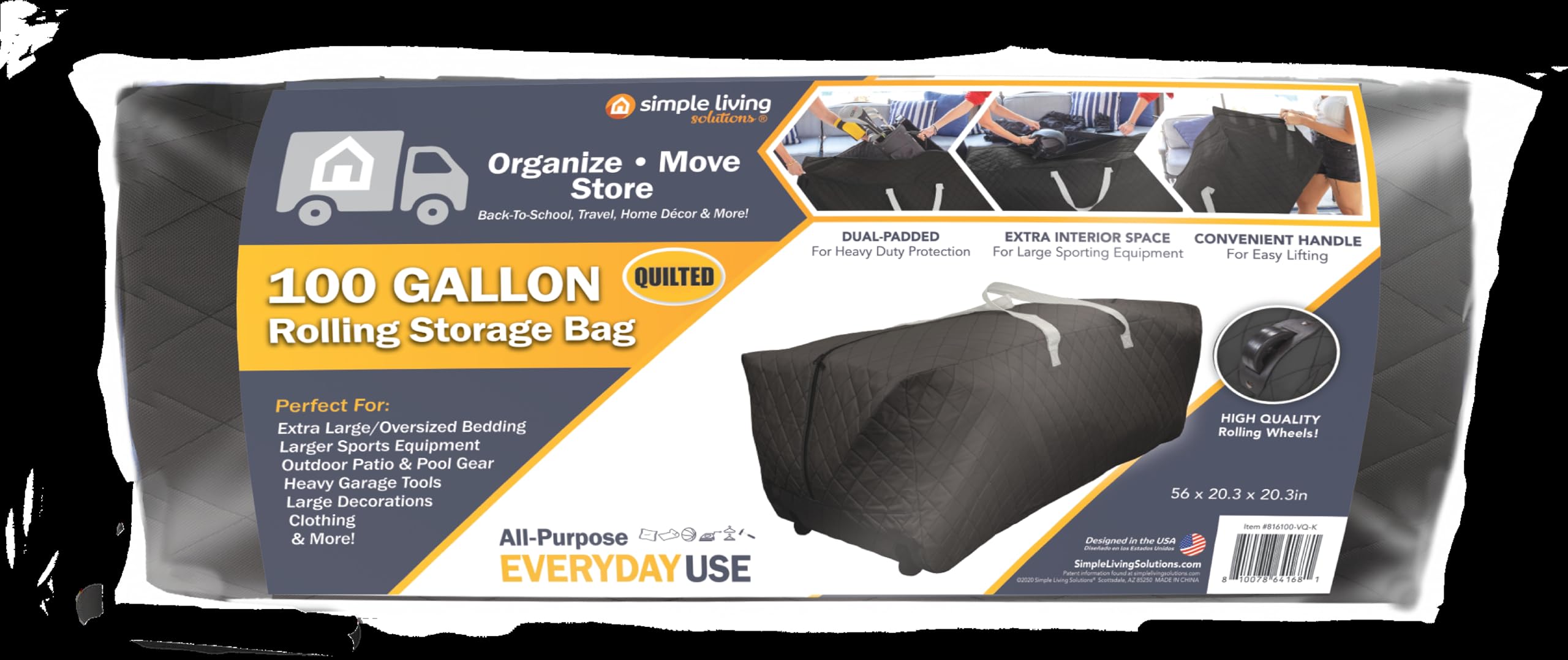 Quilted Wheeled Storage Bag 100 Gallon Black - Heavy Duty Organizer for Patio, Garage, Bedroom, Closet & Moving | Waterproof Cushion & Holiday Decor Storage Solution | Perfect for Seasonal Decorations, Camping Gear & Home Organization