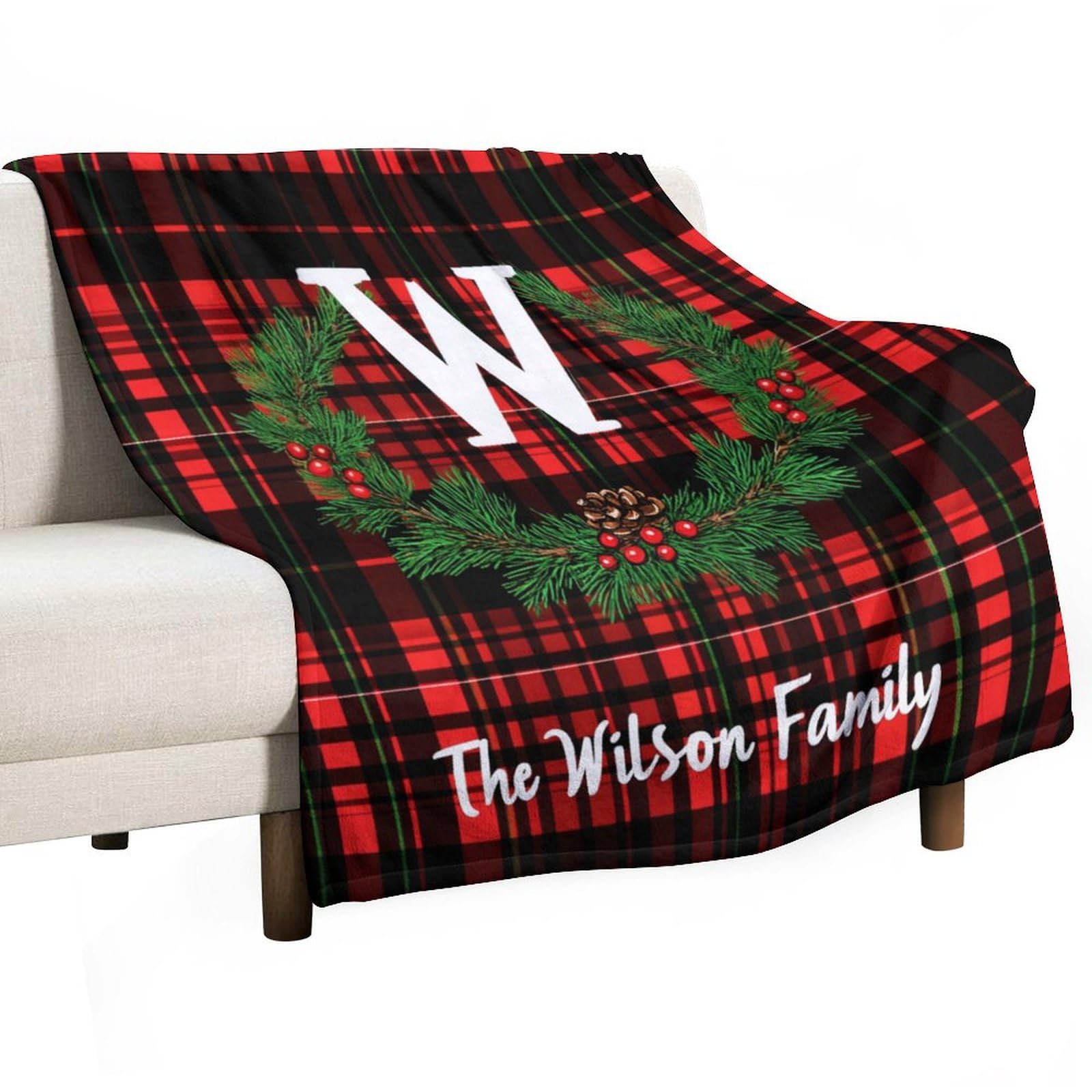 Personalized Family Name Christmas Wreath Blanket - Red Plaid Flannel Throw 40x50 Inches - Ultra Soft Cozy Blanket for Bed, Couch & Car - Perfect Holiday Gift for Women & Family - Great for Winter Snuggling, Home Decor & Christmas Presents