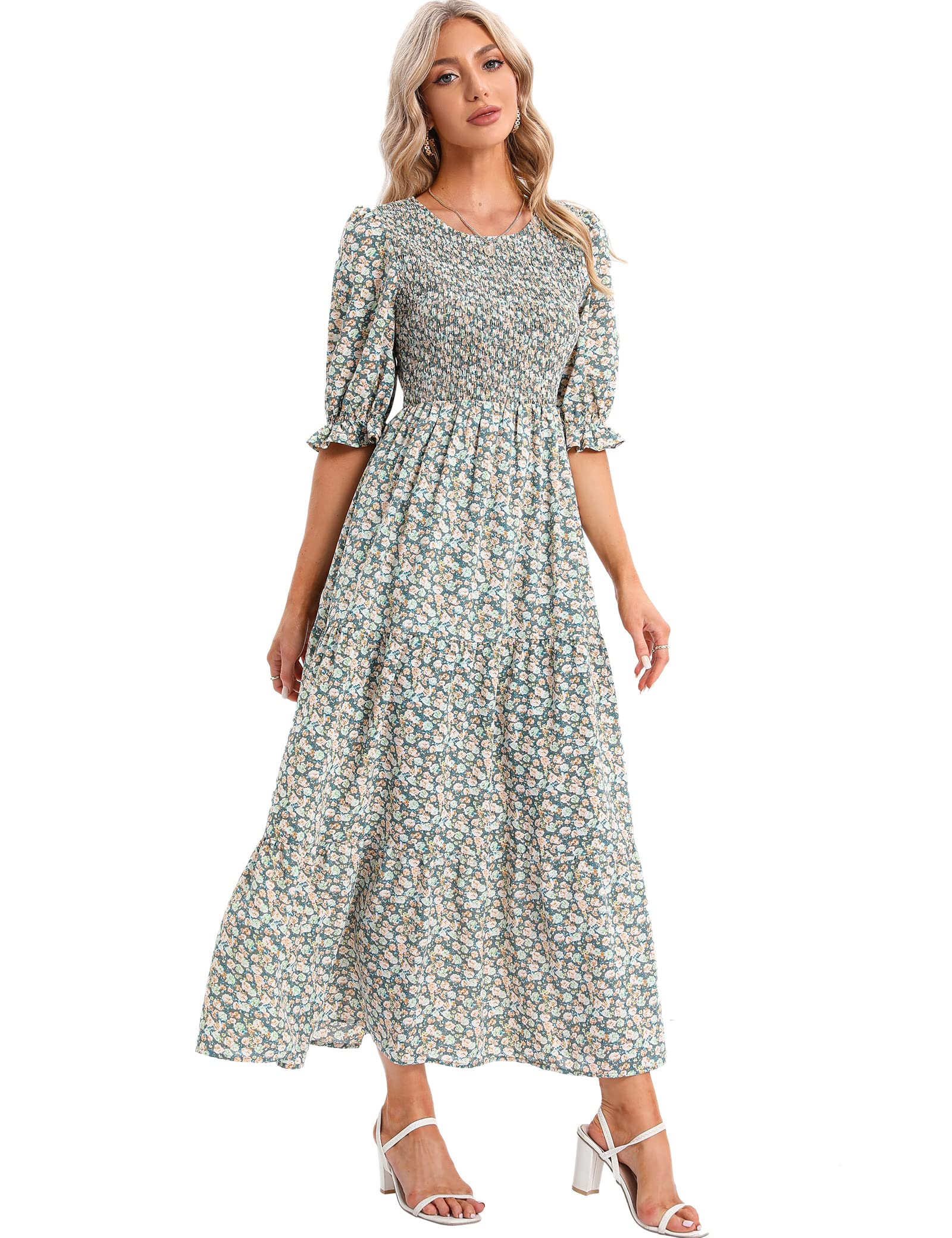 SHUQI Women's Summer Floral Maxi Dress - Casual Empire Waist with Ruffle Sleeves, Long Boho Beach Dress for Vacation, Party & Outdoor Date Night