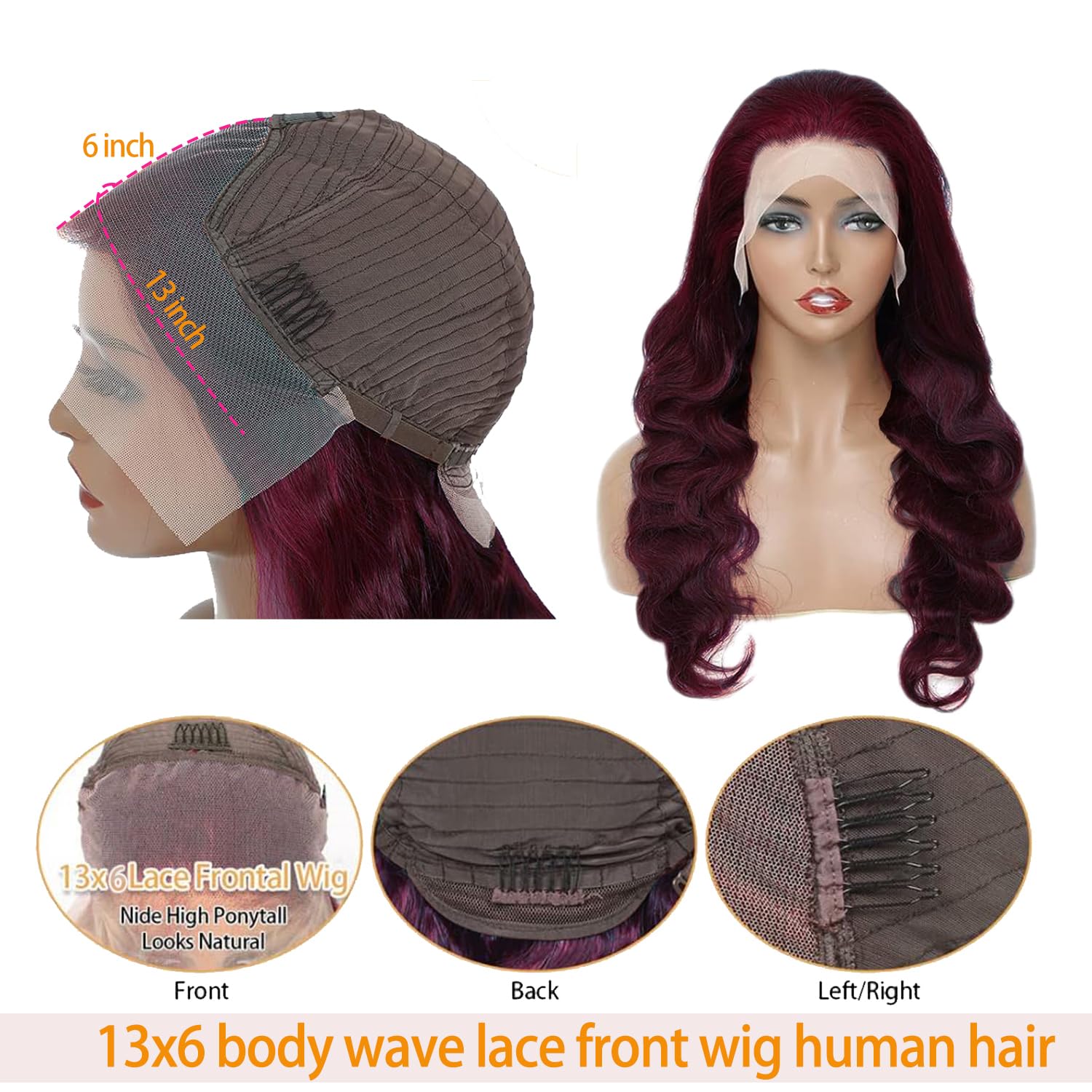 Burgundy 13x6 HD Lace Front Wig Human Hair 99J Body Wave 180% Density Pre-Plucked Virgin Hair - 28 Inch Full & Thick Lace Wig for Women | Perfect for Daily Wear, Parties & Special Occasions
