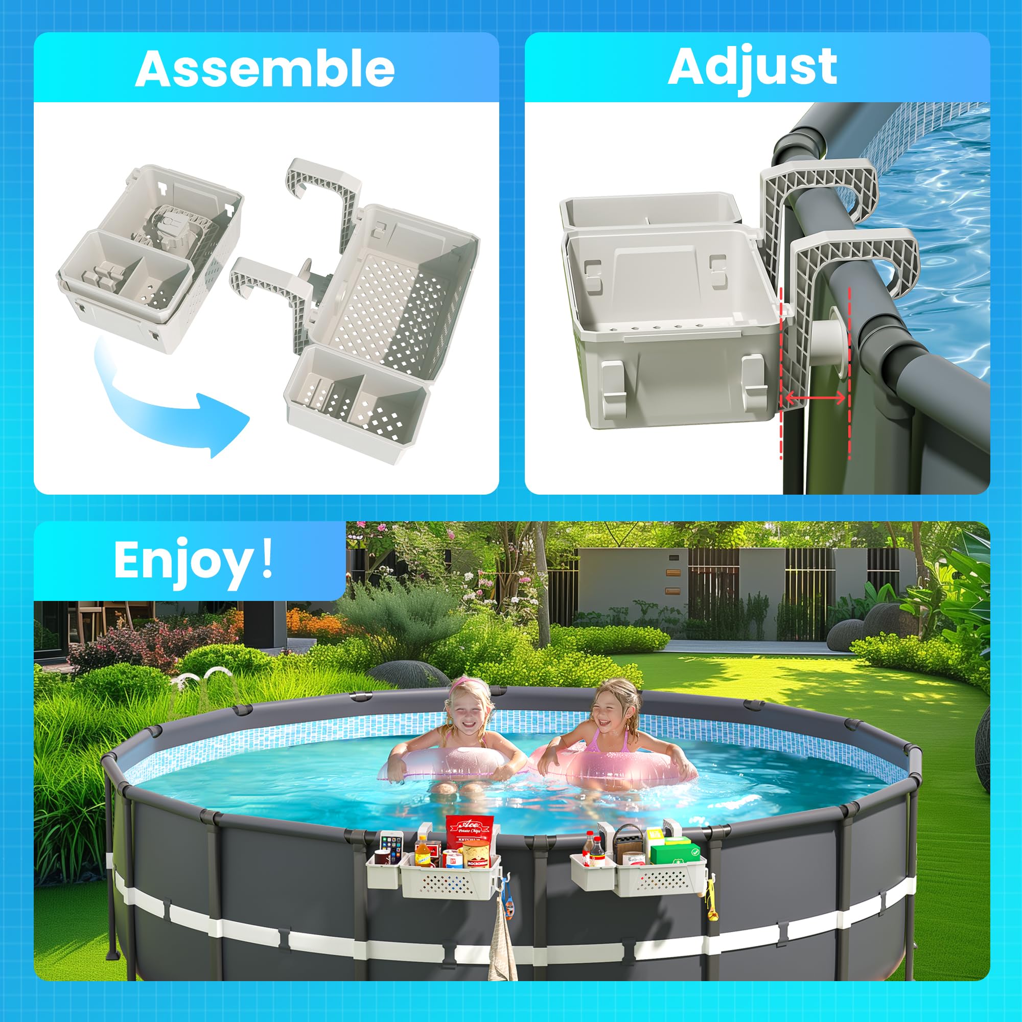 2 Sets of Poolside Storage Baskets with Cup Holders - Fits 3-Inch or Smaller Top Rails - Durable Grey Above Ground Pool Accessories - Perfect for Drinks, Towels & Pool Toys Storage