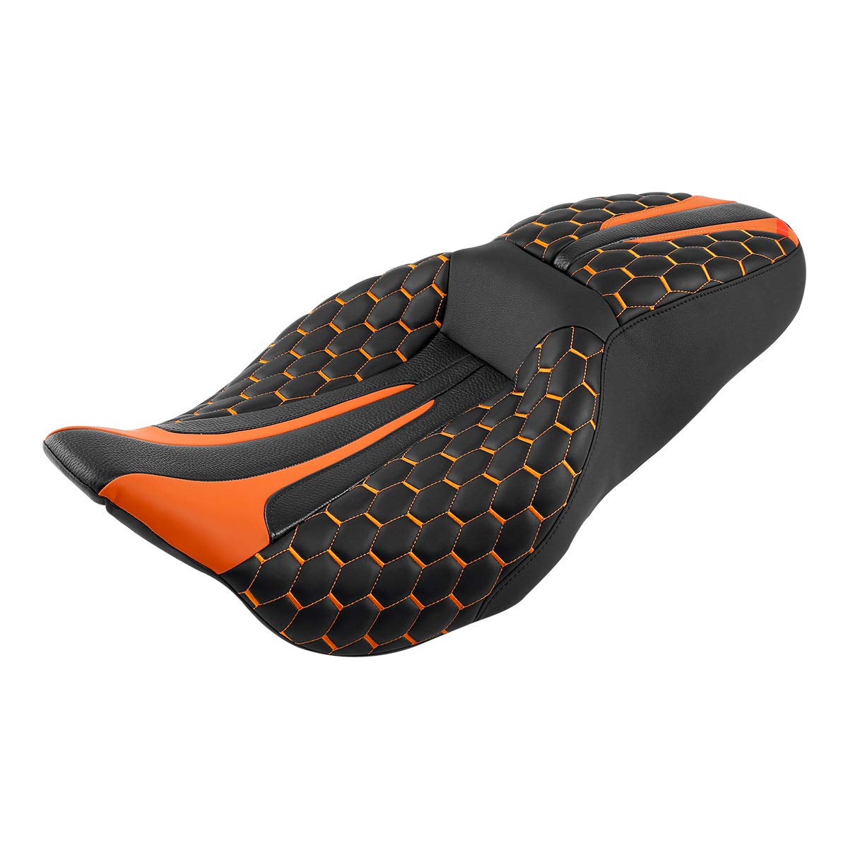 Premium Hexagon Stitched Low-Profile Touring Seat for Harley Davidson Road King, Street Glide, Road Glide, Electra Glide & CVO (2009-2020) - Comfortable Orange Motorcycle Seat for Long Rides & Road Trips