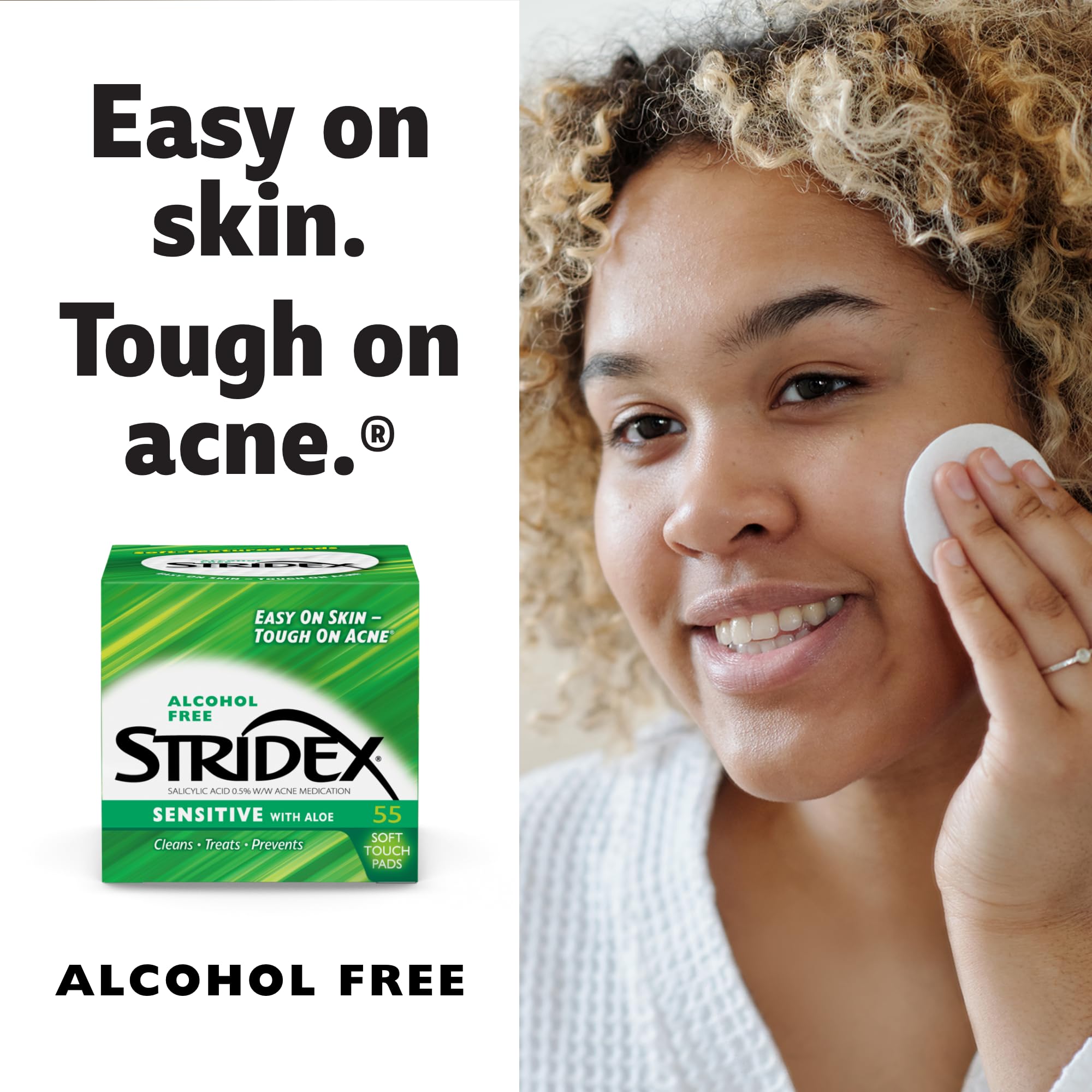 Stridex Medicated Acne Pads for Sensitive Skin - 55 Count Alcohol-Free Facial Cleansing Wipes, Mild to Moderate Acne Treatment with Smooth Application - Perfect for Daily Skincare Routine & On-the-Go Use