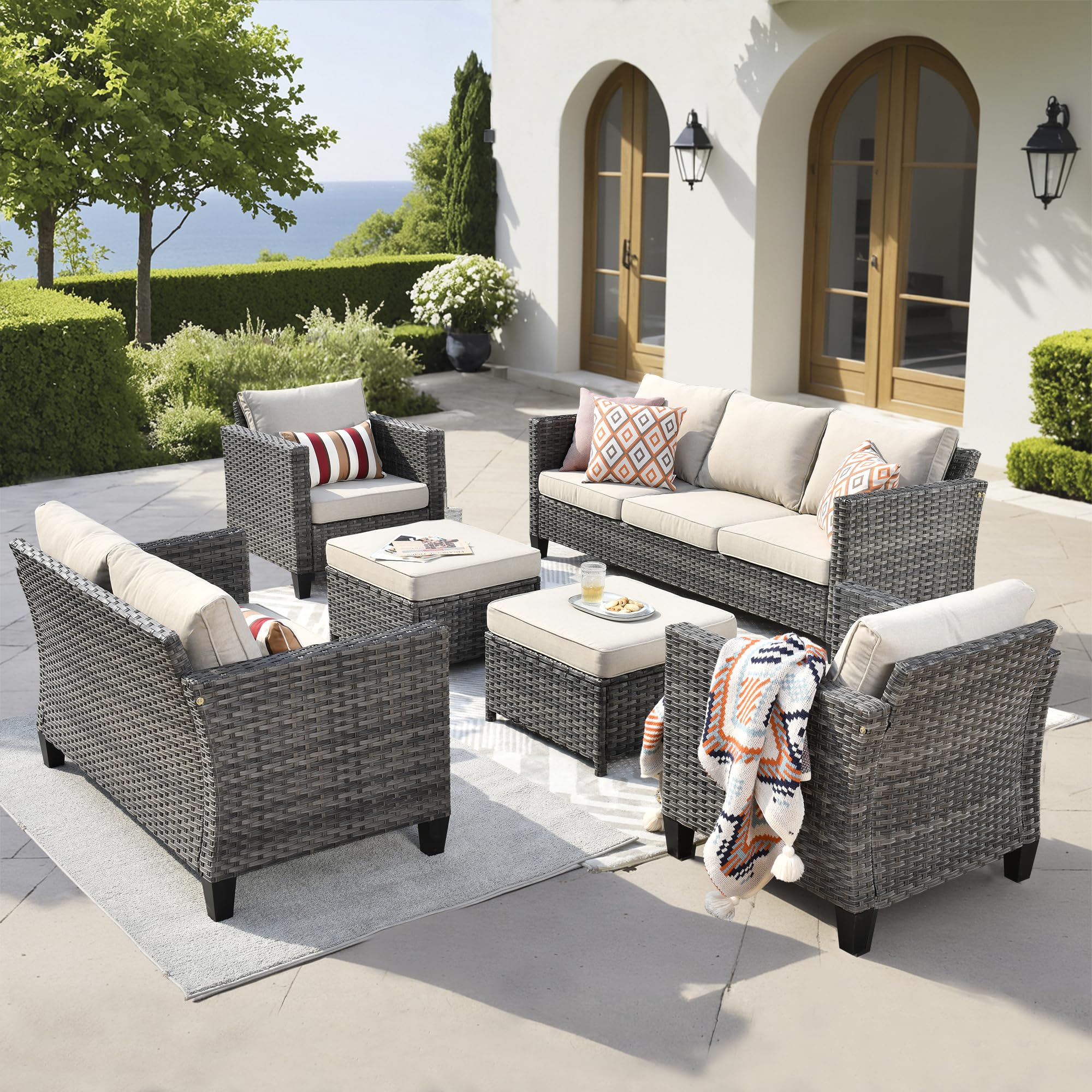6-Piece OVIOS Patio Furniture Set - All-Weather Wicker Rattan Outdoor Sofa with Loveseat, Ottomans & Cushions - High Back Conversation Set for Garden, Backyard, Poolside (Beige) - Perfect for Outdoor Entertaining & Relaxation