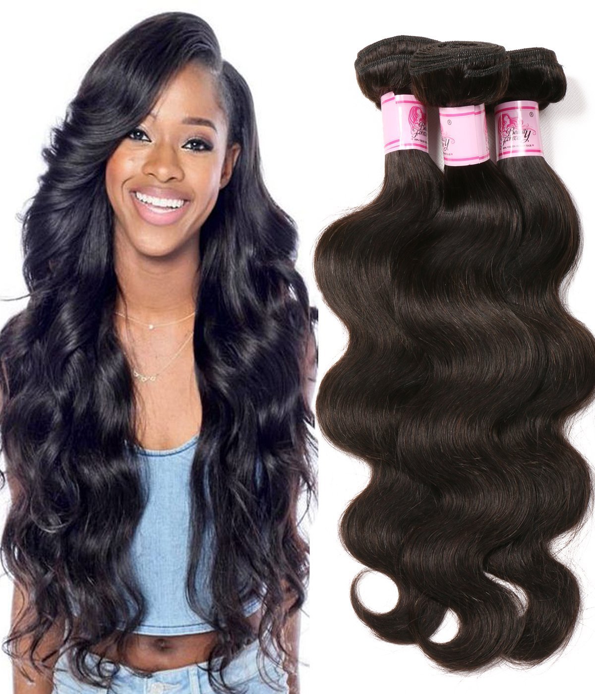 Beauty Forever 100% Unprocessed Virgin Human Hair Extensions - Indian Body Wave 3 Bundles (16 18 20 Inch) 95-100g per Piece, Natural Black Color | Perfect for Daily Styling, Special Occasions & Salon Use