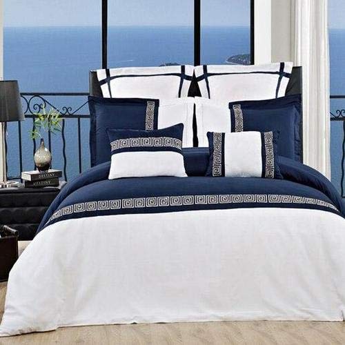 Luxury Astrid 7-Piece Embroidered Duvet Cover Set King/Cal King Size - Navy & White Floral Design - Premium Bedding for Master Bedroom, Guest Room & Hotel Decor