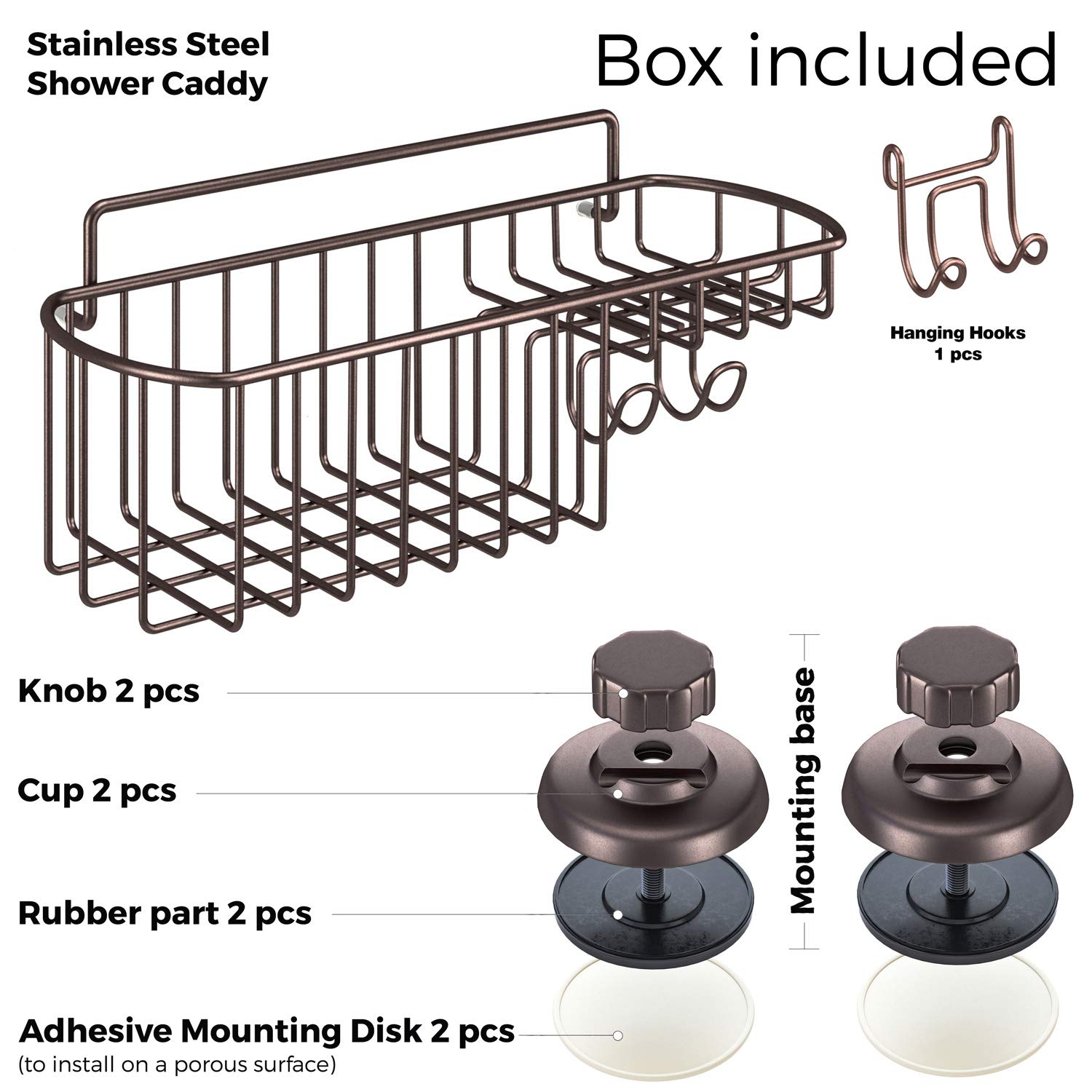 Stainless Steel Shower Caddy Organizer with Powerful Vacuum Suction Cups, Soap Holder & Hooks - Bronze Bathroom Storage Basket for Shampoo & Essentials - Perfect for Small Bathrooms & Apartment Showers