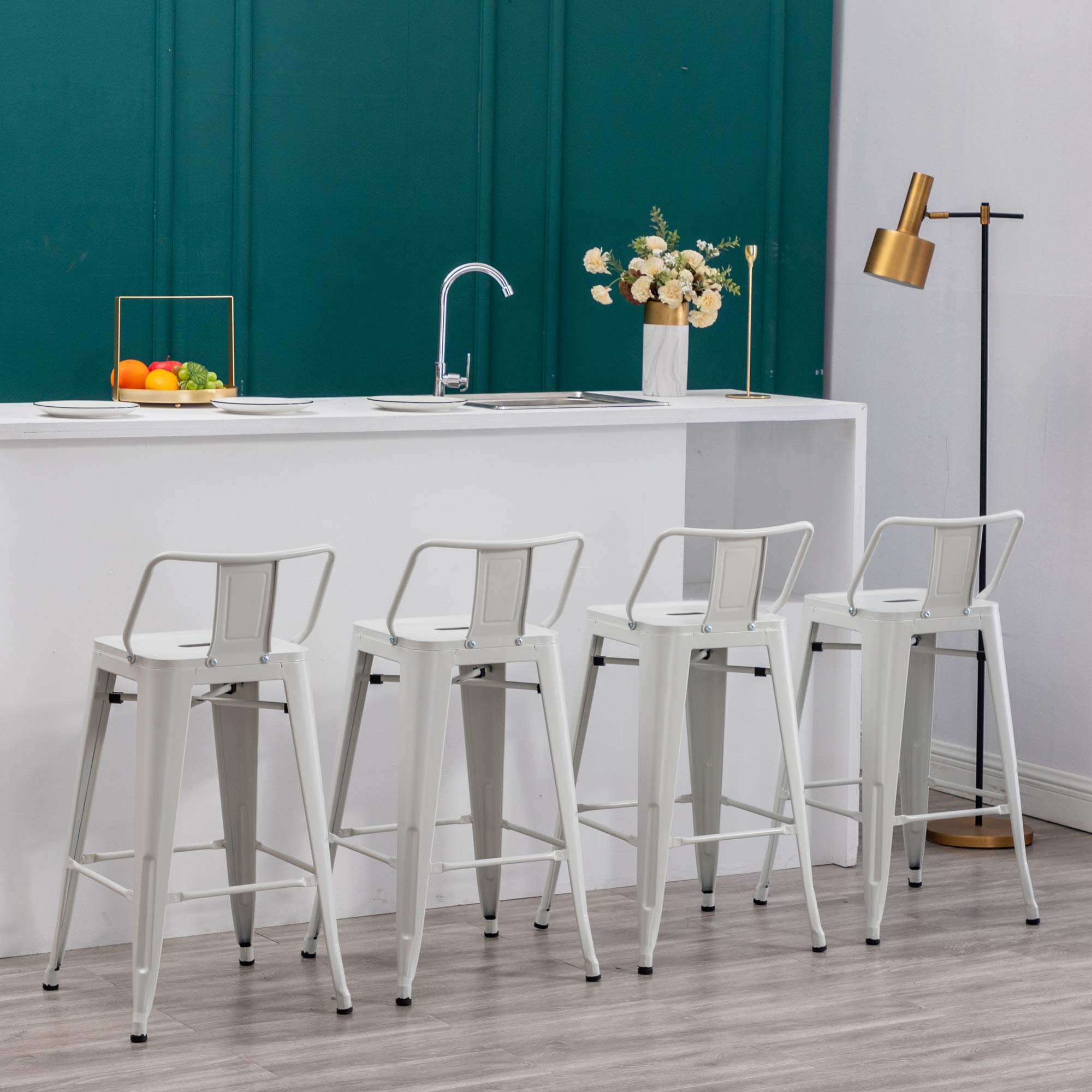 **Yongqiang 26 Inch Metal Bar Stools Set of 4 - Indoor & Outdoor Kitchen Counter Stools with Back Support, White - Perfect for Dining, Bars, and Patio Seating**