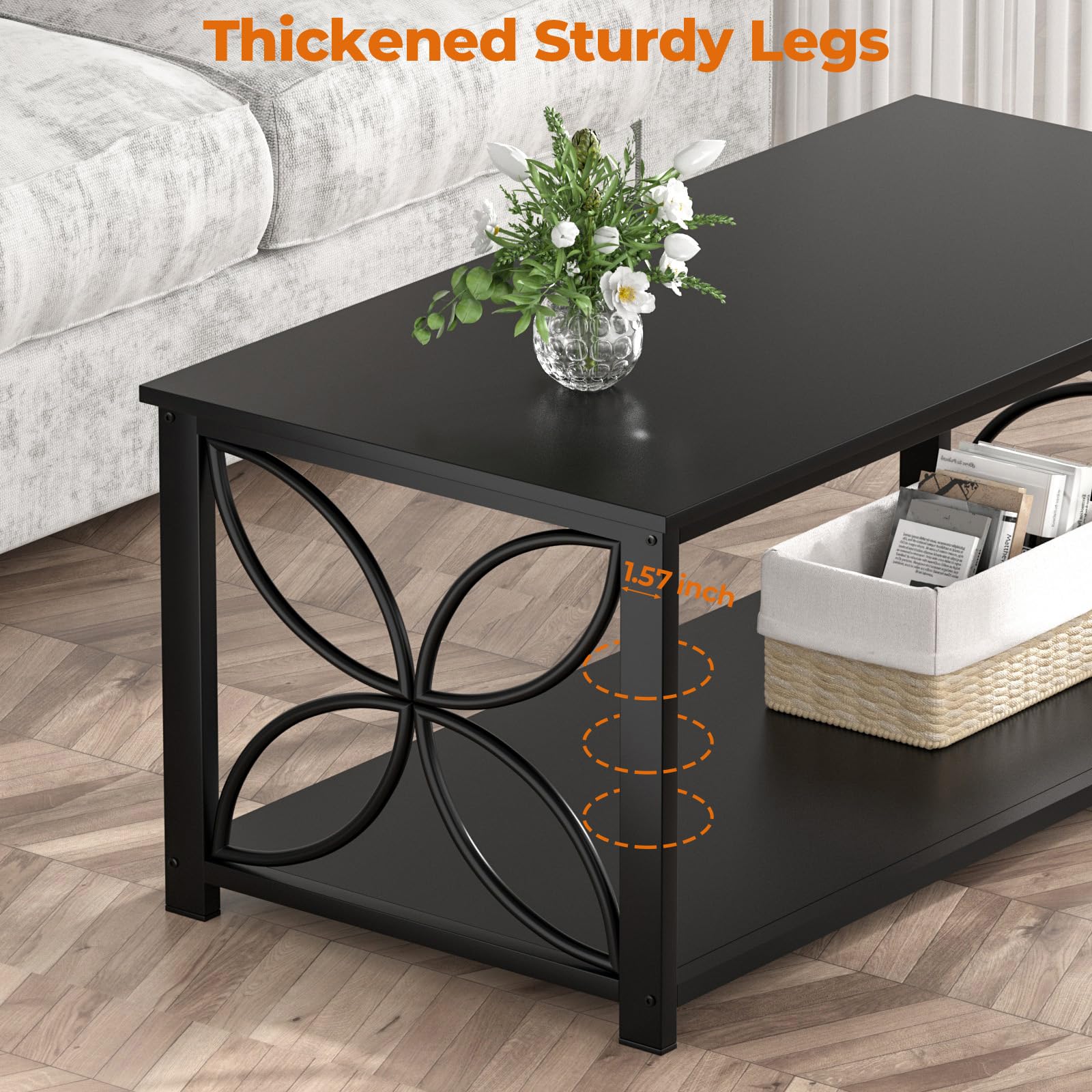 GreenForest 39-inch Modern Coffee Table with Storage Shelf - Black Living Room Center Table for Sofa, Home Office | Perfect for Small Spaces, TV Lounging & Hosting Guests