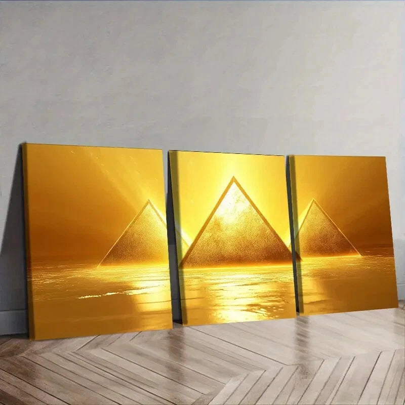 3-Piece Glowing Yellow Triangle Wall Art Set - Framed Canvas 40x60cm - High Quality Print - 100% Australian Made - Ready to Hang - Perfect for Living Room, Bedroom & Office Decor