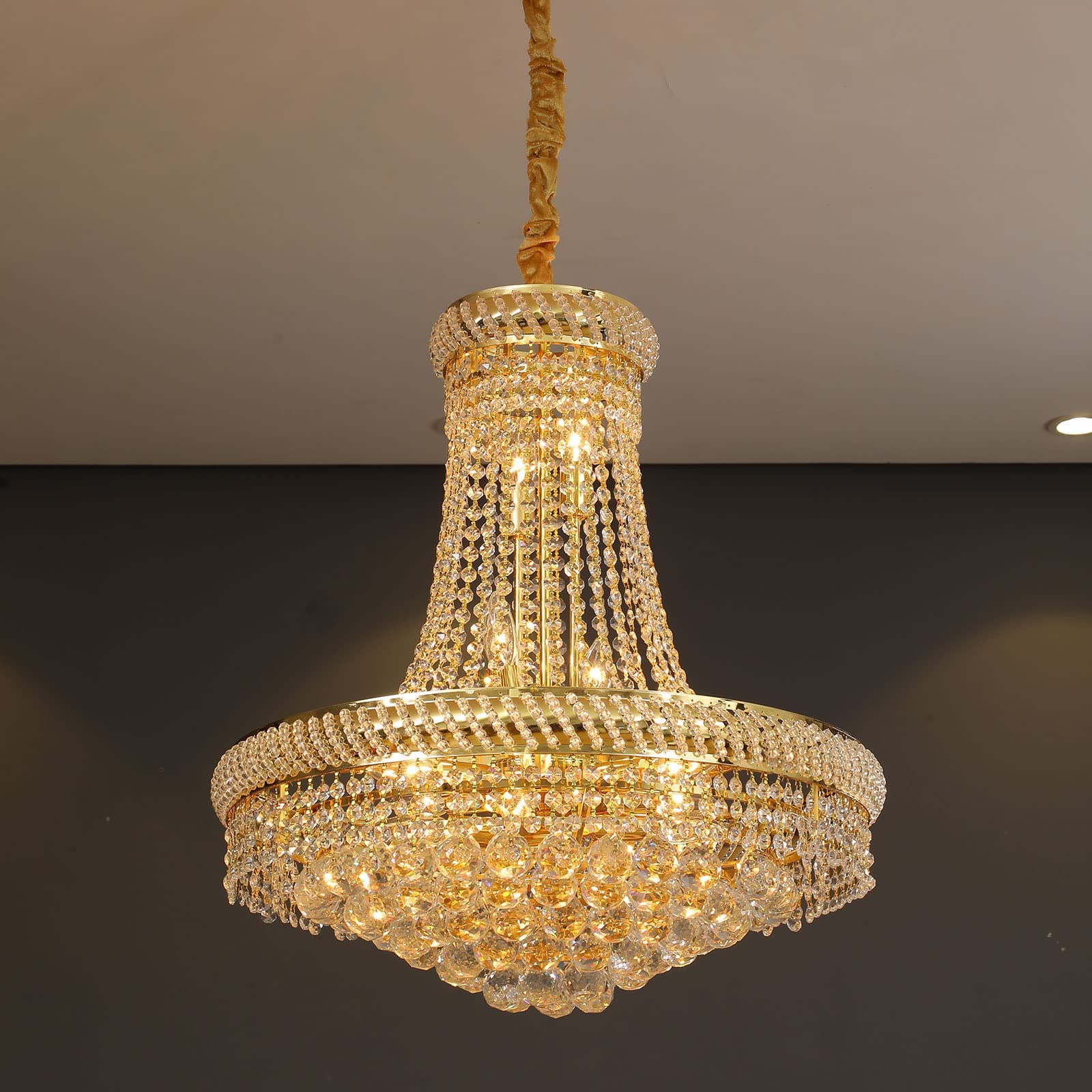 Modern K9 Crystal Chandelier - 14-Light E12 Base Golden Finish Empire Style Ceiling Light Fixture - 23.6