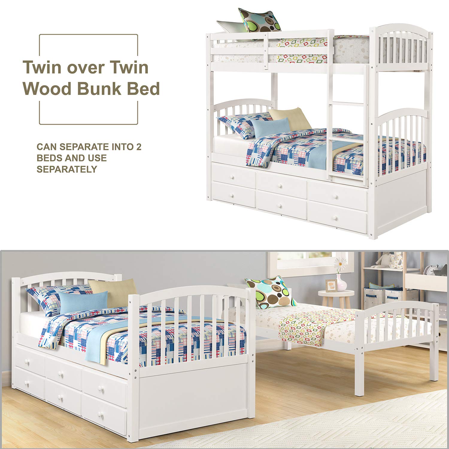 Twin Bunk Bed with Trundle & Storage - Convertible to 2 Beds - Kids Bedroom Furniture (White)