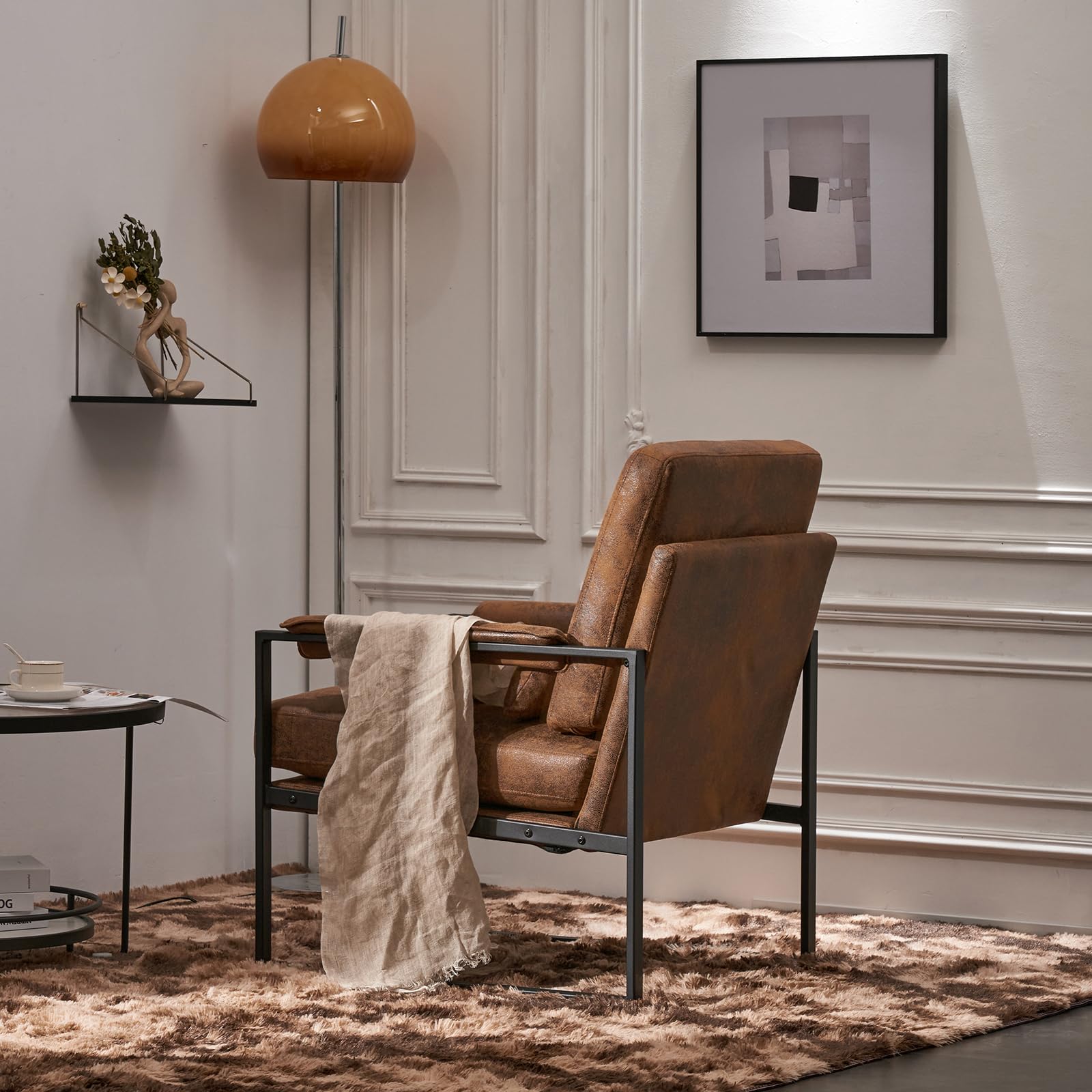 Modern Accent Chair for Living Room - Iron Frame Lounge Chair with Bronzing Cloth Upholstery, Comfortable Armchair for Bedroom, Office, Small Spaces & Apartments - Perfect for Reading, Relaxing & Vanity Areas (Orange)