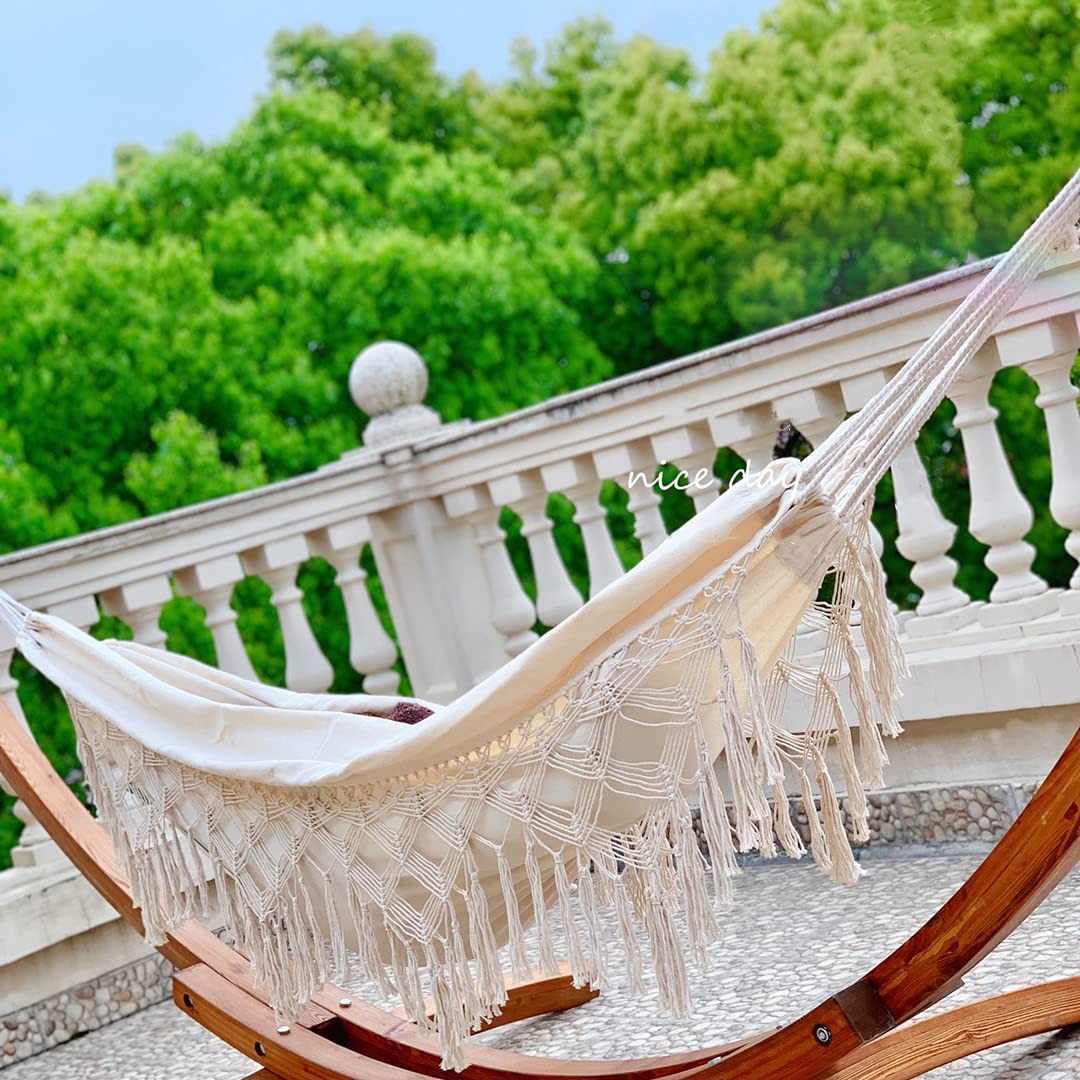 Premium Cotton Double Hammock for 2 Persons - 480lbs Capacity, Handmade with Macrame Fringe & Boho Tassels - Perfect for Outdoor Relaxation in Garden, Backyard, Beach, Patio or Balcony | Ideal for Camping, Picnics and Summer Lounging