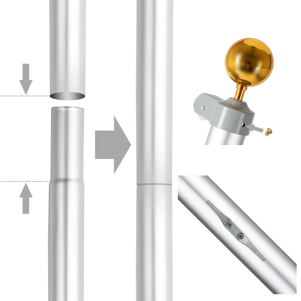 20FT/25FT American Flag Pole Kit with 3x5FT US Flag - 16 Gauge Aluminum Portable Ground Sectional Halyard Pole for Outdoor Commercial & Residential Use - Perfect for Patriotic Displays, Government Buildings, Schools & Backyards