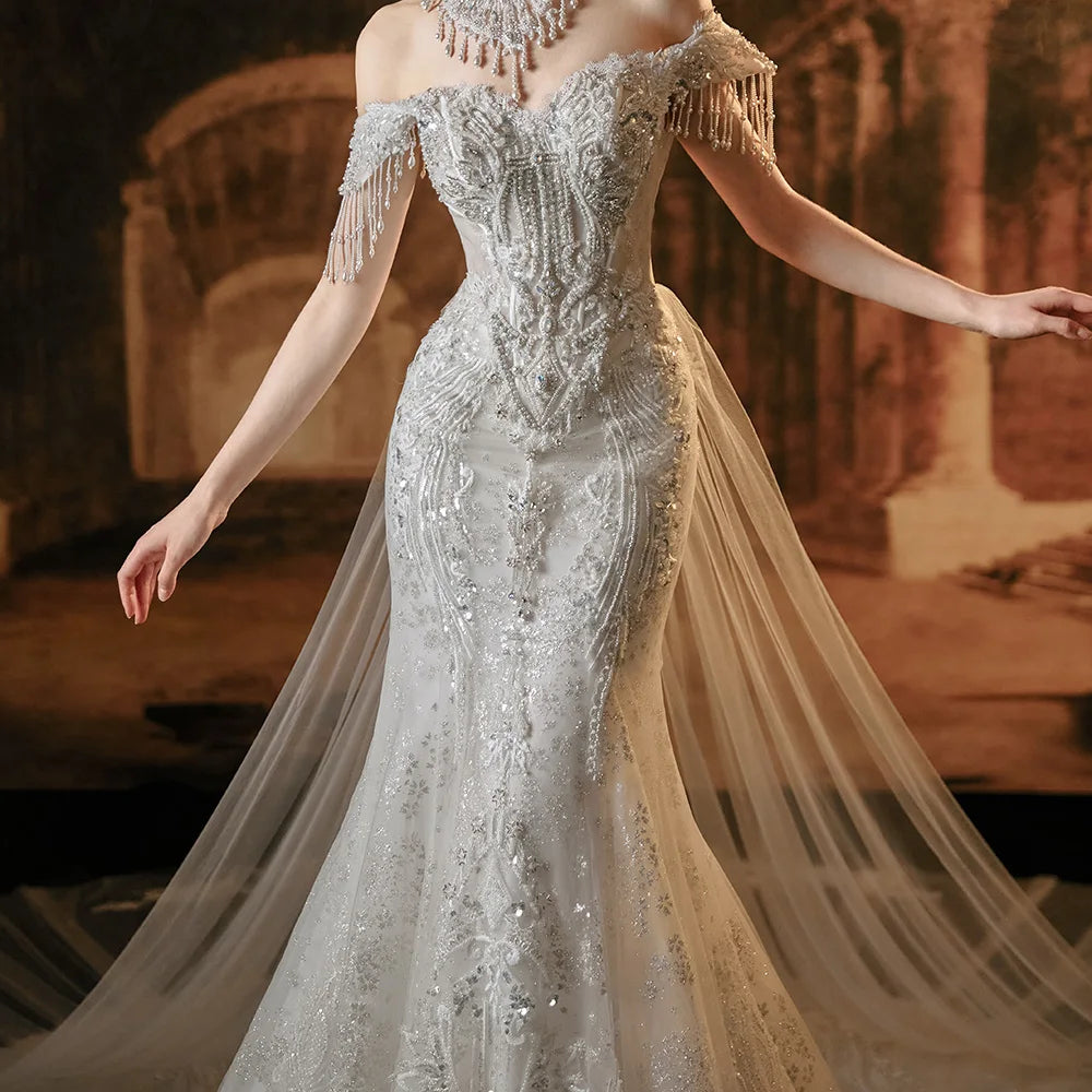 Elegant Mermaid Wedding Dress with Cap Sleeves, Tassel Beading & Lace-Up Back – Perfect for Beach Weddings, Vow Renewals, and Romantic Photoshoots