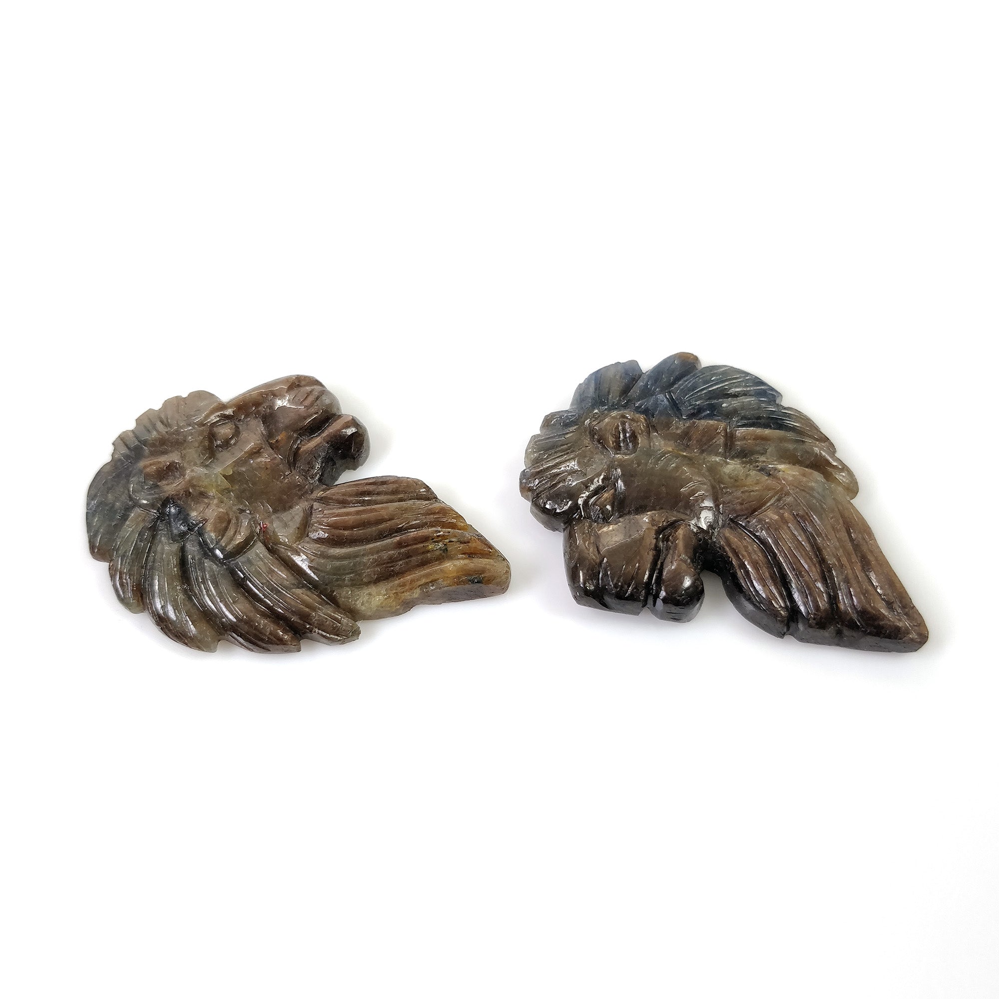 Natural Untreated Golden Brown Chocolate Blue Sapphire Gemstone - 82.95cts Hand Carved Lion Face (37x26mm) September Birthstone Pair - Perfect for Jewelry Making, Birthstone Gifts & Gemstone Collections