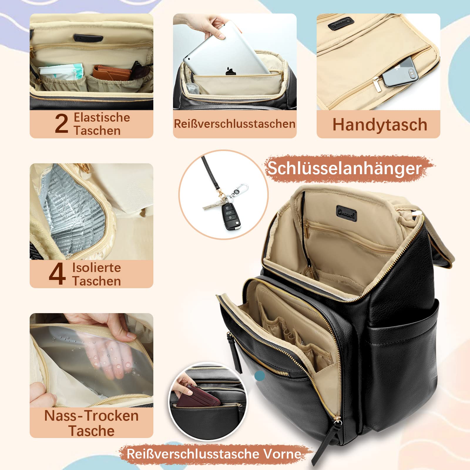 MISS FONG Multifunctional Baby Changing Backpack - Premium Leather Diaper Bag with 19 Pockets, Organizer, Changing Mat & Stroller Hook - Perfect for Travel, Outings & Parenting On-The-Go