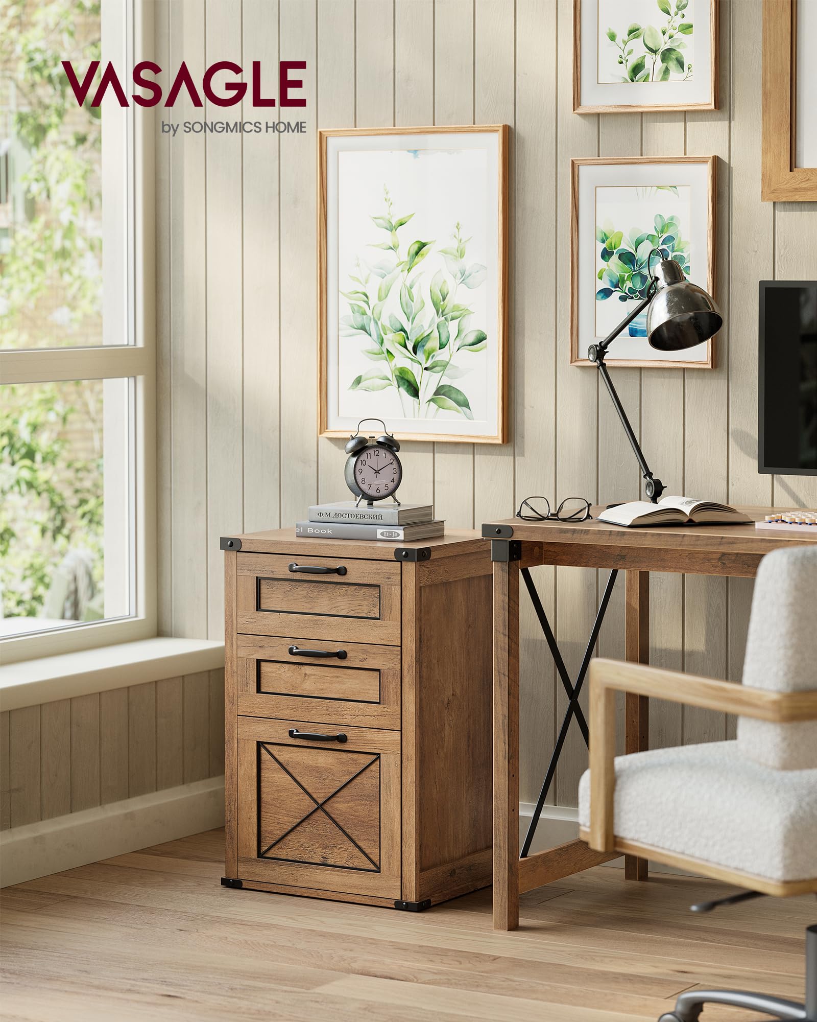 VASAGLE 3-Drawer File Cabinet with Printer Stand - Honey Brown Modern Farmhouse Style Filing Cabinet for A4 & Letter Size Documents, Hanging File Folders - Perfect for Home Office Organization & Workspace Storage