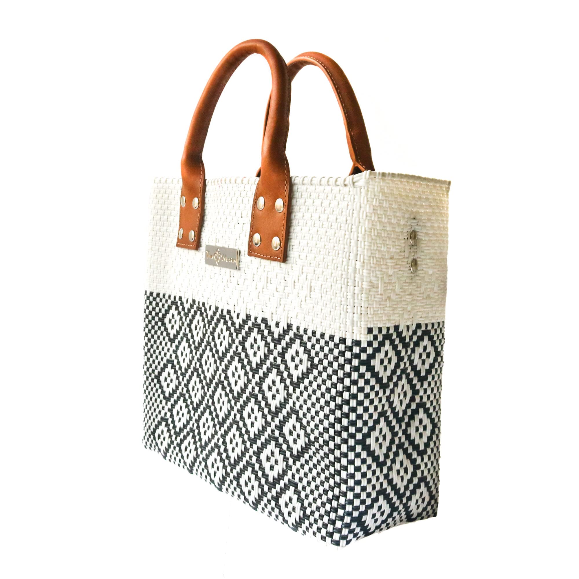 Eco-Friendly Large White Woven Crossbody Bag with Tan Leather Handles - Handcrafted Recycled Plastic Tote from Oaxaca Mexico - Perfect for Summer, Work & Everyday Use - Stylish & Sustainable Shoulder Bag for Women