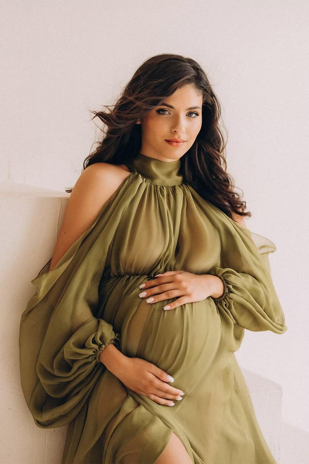 Maxianever Elegant Puffy Sleeve Chiffon Maternity Dress - Long Flowy Pregnancy Gown for Baby Shower, Photoshoot & Special Occasions | Comfortable & Stylish 2025 Collection