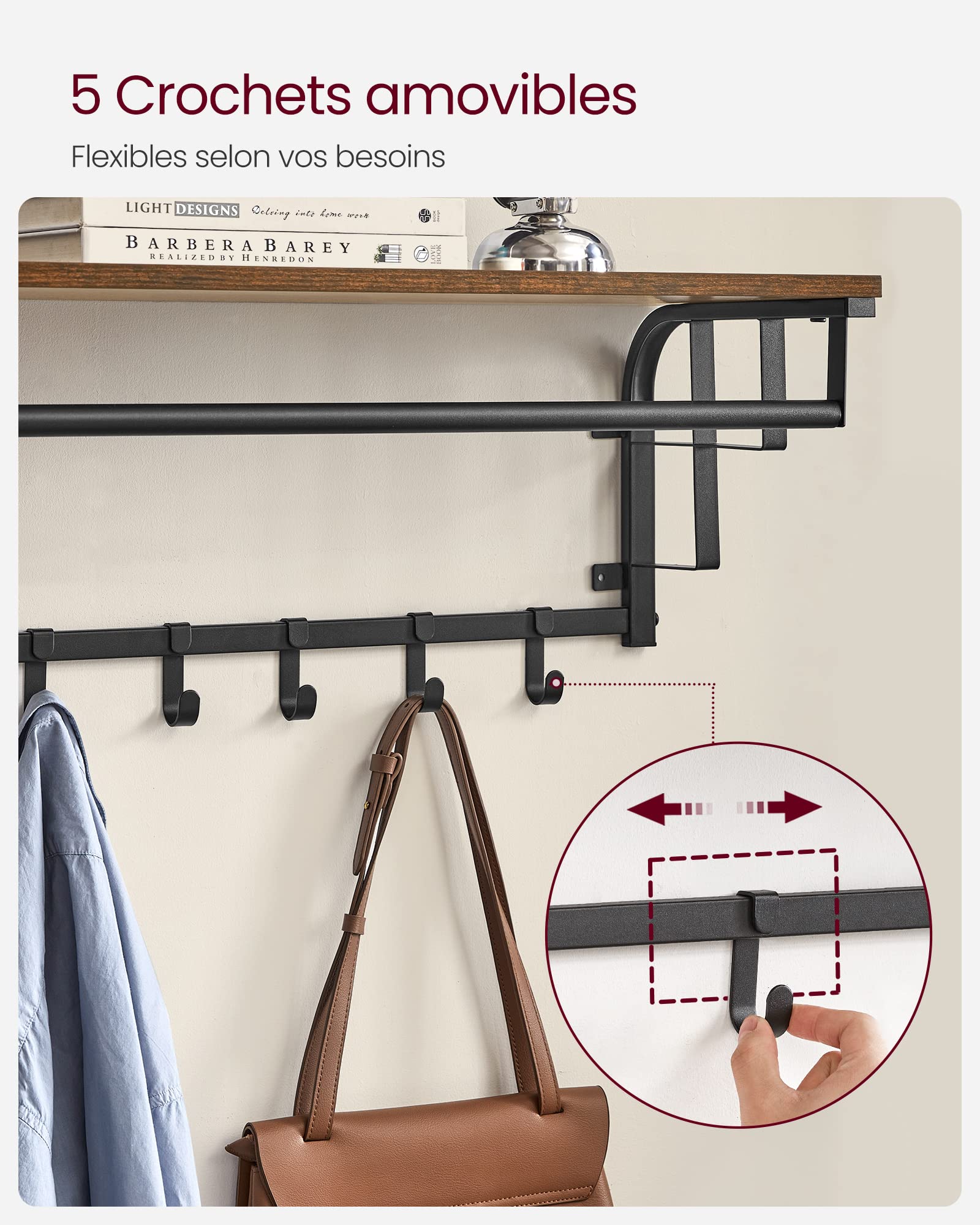 VASAGLE Wall Mounted Coat Rack with Storage Shelf, 5 Removable Hooks, Hanging Rod - Rustic Brown and Black for Entryway, Bedroom, Living Room - Perfect for Organizing Hats, Scarves, and Jackets