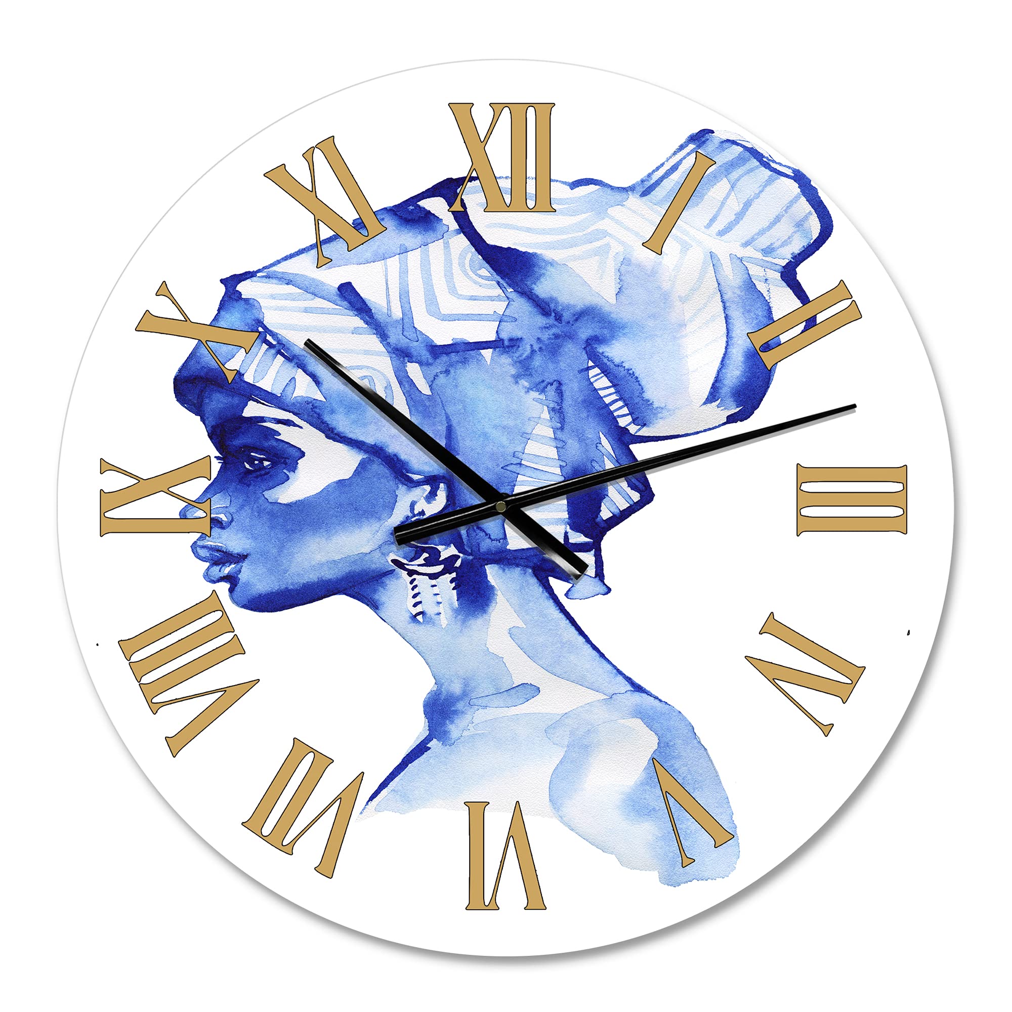 Blue Fashion Portrait Afro American Woman Modern Wall Clock - Large Decorative Wall Clock for Home, Office & Living Room - Unique Gift Idea for Home Decor