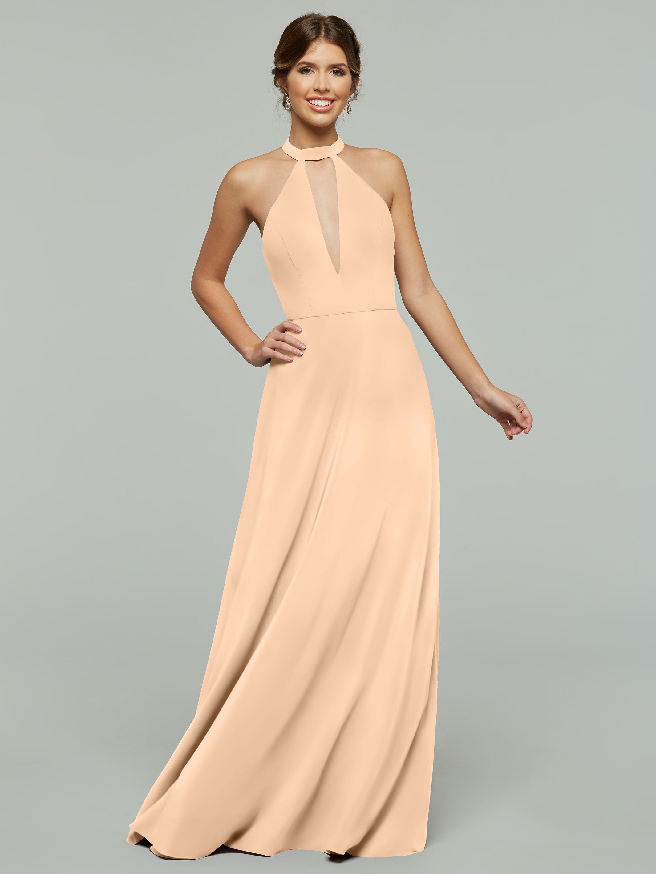 Elegant 80115 Stretch Chiffon A-Line Bridesmaid Dress with Plunging Halter Neckline - Perfect for Weddings, Formal Events & Special Occasions