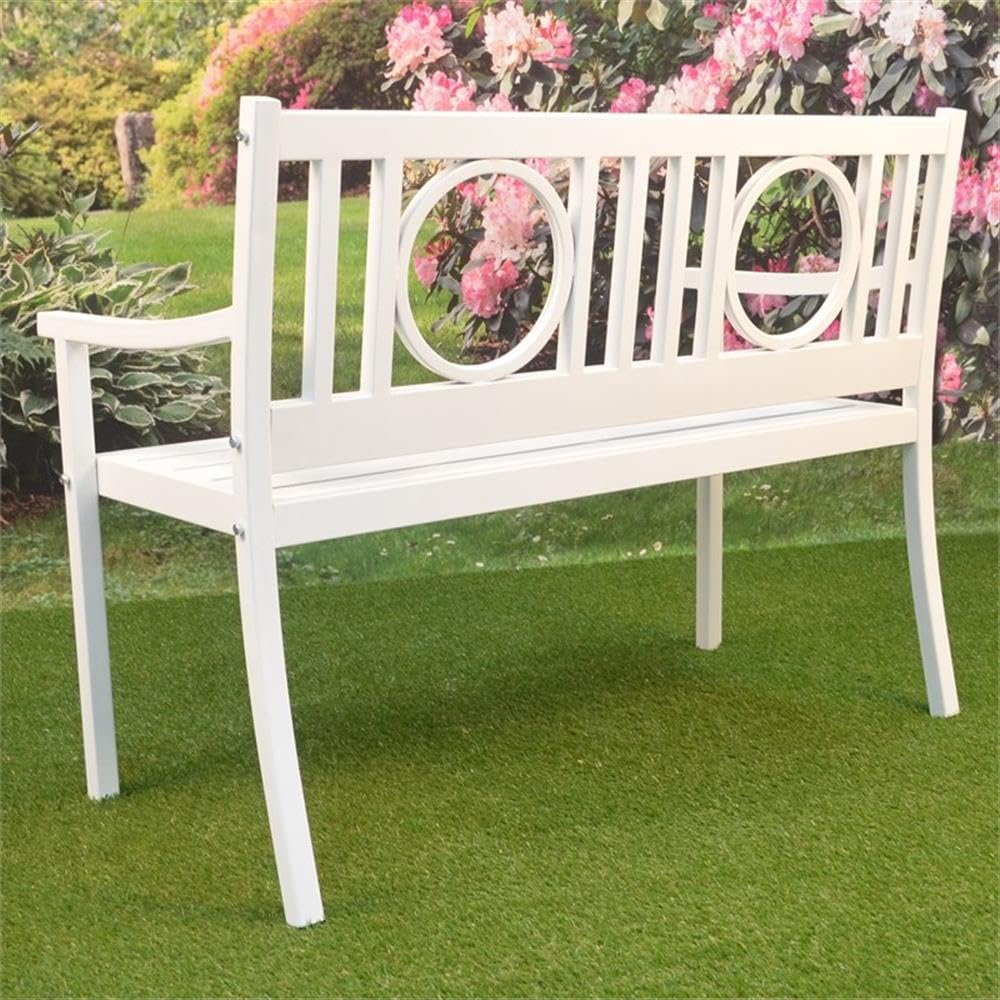 Gramercy White Outdoor Metal Bench – Durable Garden Patio Furniture for Backyard, Park, and Poolside Relaxation