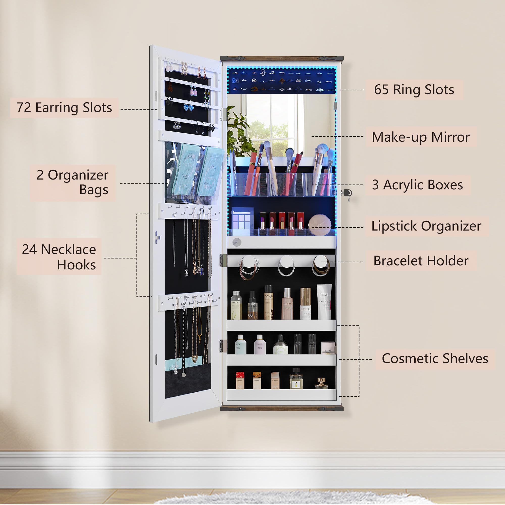 Farmhouse Jewelry Organizer with LED Lights - Wall or Door Mounted Jewelry Armoire Cabinet with Full Length Mirror, Storage & Lockable Interior - White - Perfect for Bedroom, Closet, and Dressing Room Organization