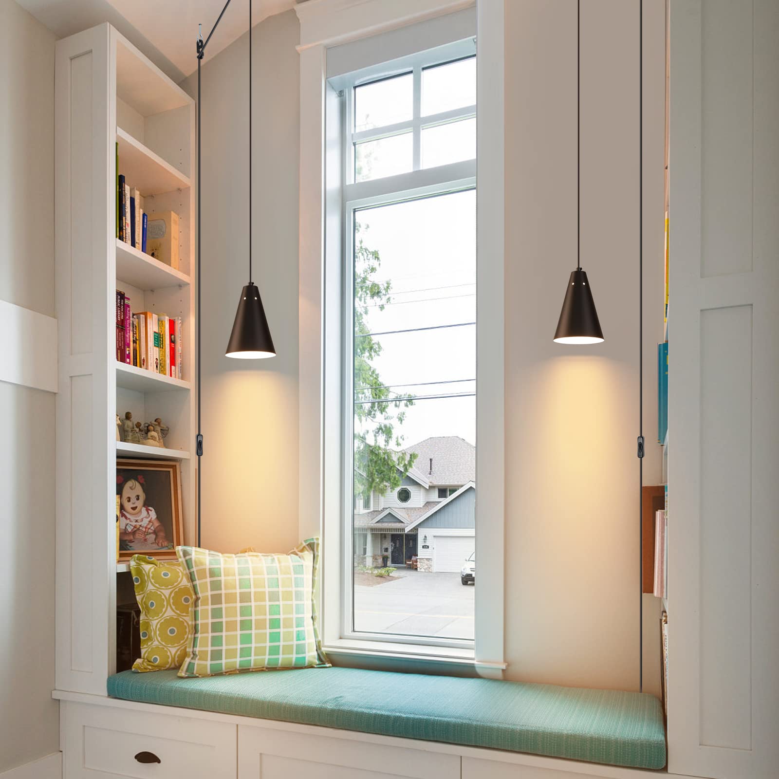 Black Plug-In Pendant Light with On/Off Switch - Modern Farmhouse Hanging Light Fixture with Metal Shade - Mini Pendant Lights for Kitchen Island, Bedroom, Dining Room & Living Room - Easy Installation with Plug-In Cord