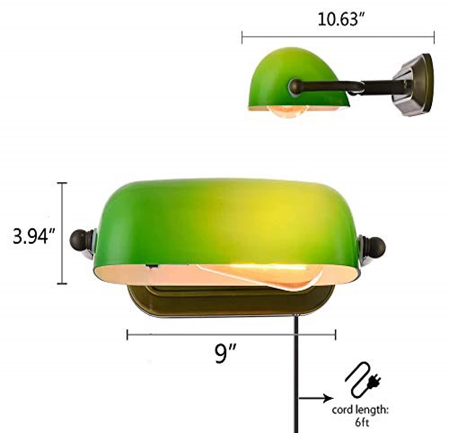 Kiven Plug-in Green Glass Bankers Wall Sconce Lamp with 6FT Cord & Motion Sensor - Automatic On/Off Lighting Fixture for Hallway, Bedroom, or Porch (1 Pack)