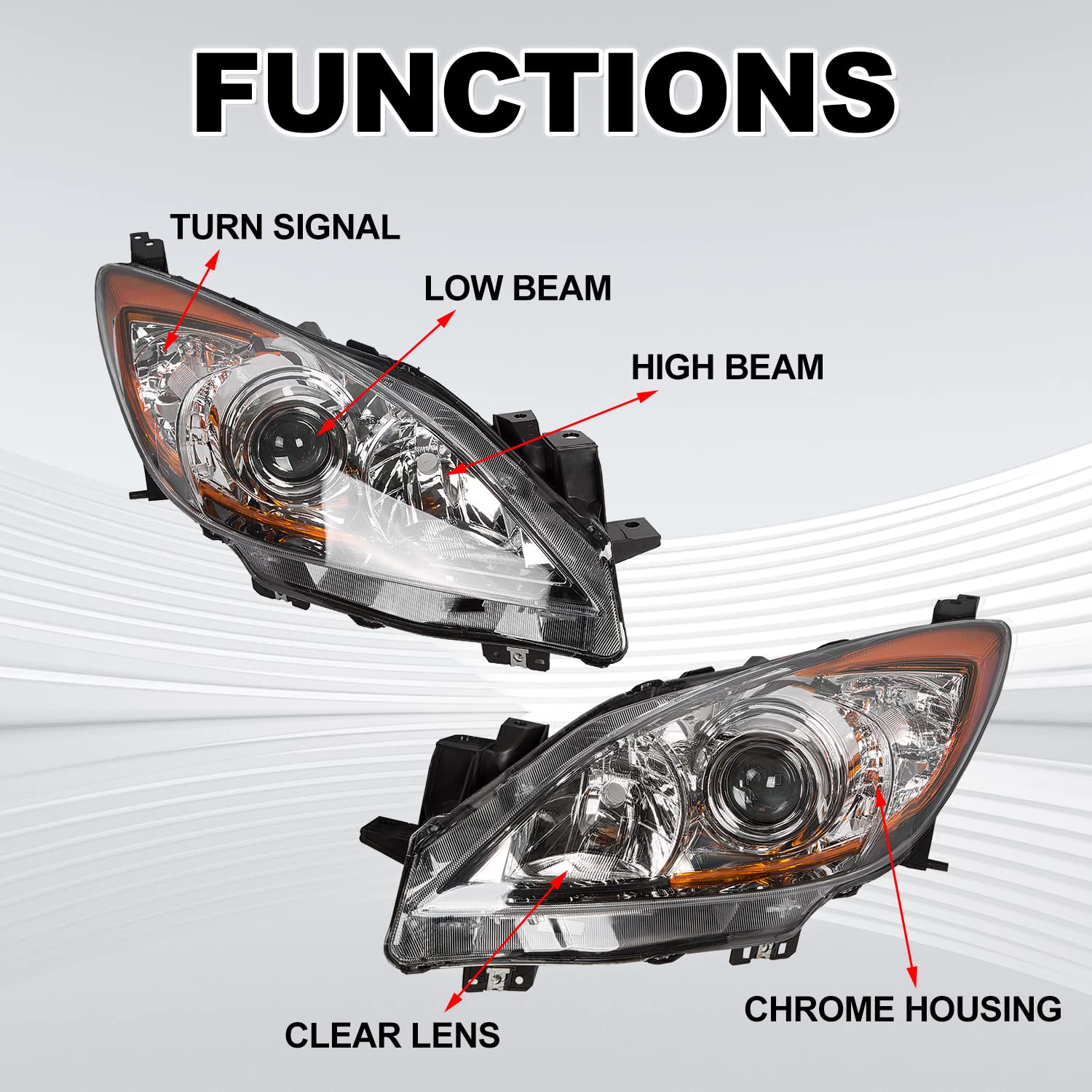 ECOTRIC Replacement Headlight Assembly for 2010-2013 Mazda 3 - Compatible with MA2518130 & MA2519130 - Direct Fit Front Lamp & Corner Projector (Excludes HID Models) - Perfect for Night Driving & Road Safety