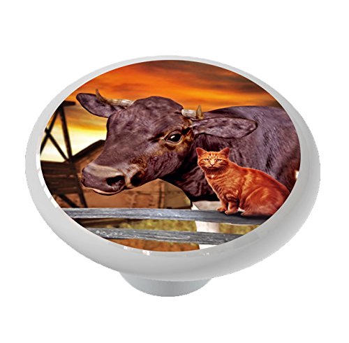 Cow and Cat Ceramic Drawer Knob - Handmade Farmhouse Cabinet Pulls for Kitchen, Bathroom & Furniture - Unique Animal-Themed Drawer Handles for Home Decor