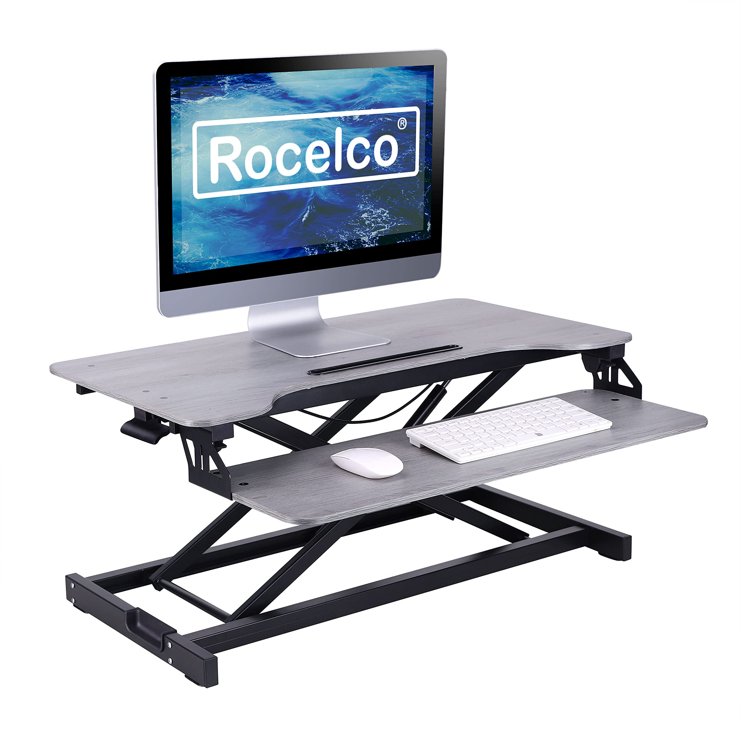Rocelco 31.5 Inch Height Adjustable Standing Desk Converter - Dual Monitor & Tablet Mount Workstation with Deep Keyboard Tray for Laptop & Mouse (Gray) - Perfect for Home Office, Gaming Setup & Remote Work