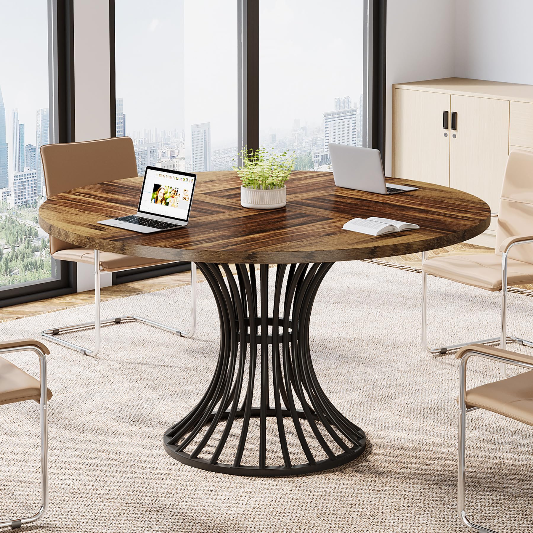 Tribesigns 47-Inch Round Conference Table for 4-6 People - Thickened Wood Tabletop & Sturdy Metal Base - Industrial Style Office Meeting Table in Rustic Brown - Perfect for Small Conference Rooms, Team Meetings & Collaborative Workspaces