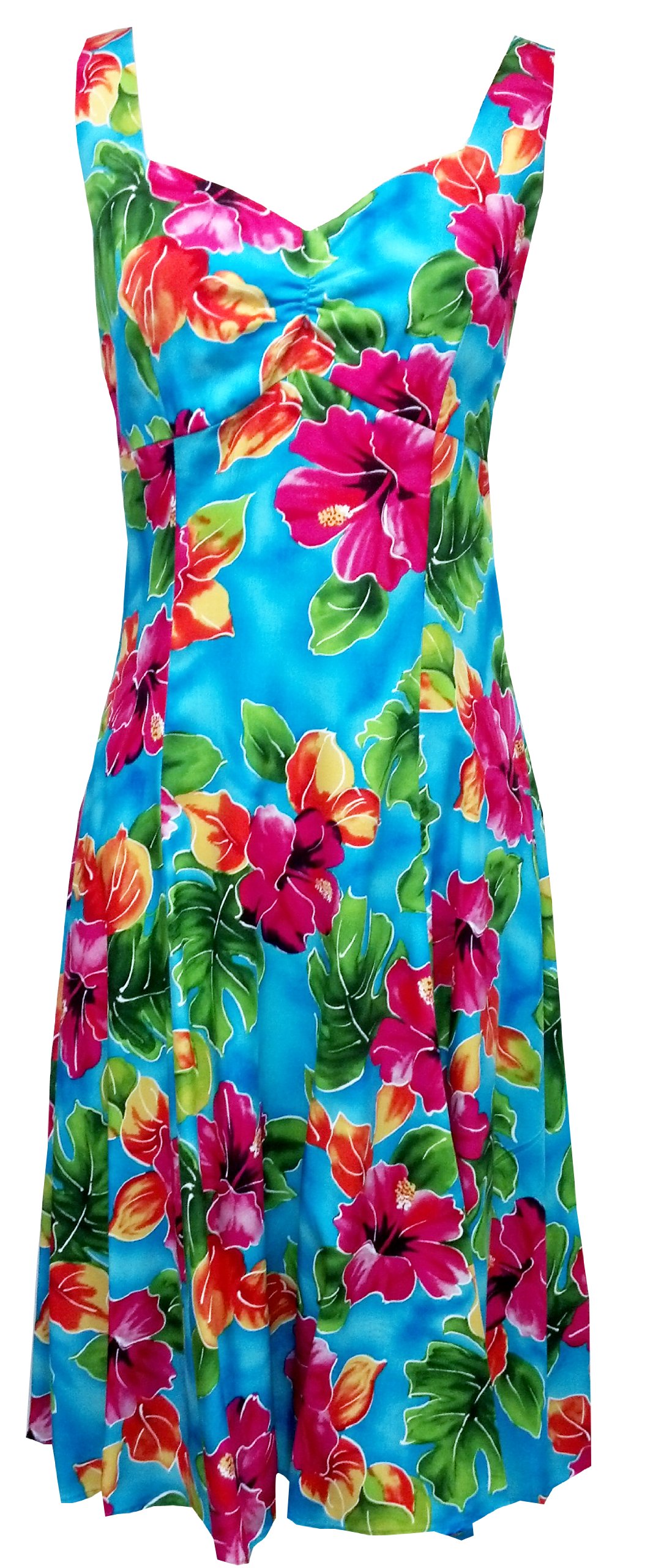 Women's Floral Print Empire Waist Sundress - Blue Hibiscus Watercolor Design, Size 2XL | Perfect for Beach Vacations, Summer Parties & Casual Outings