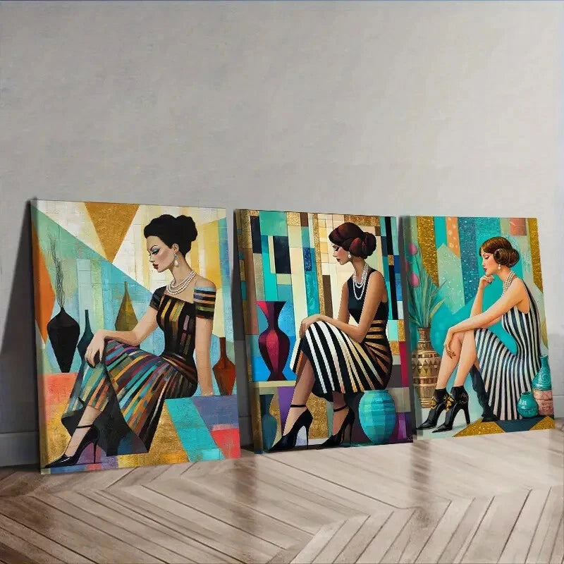 3-Piece Retro Fashion Girl Wall Art Set - Framed Canvas 40x60cm (16x24in) | High Quality Print | 100% Australian Made | Ready to Hang | Perfect for Bedroom, Living Room & Office Decor