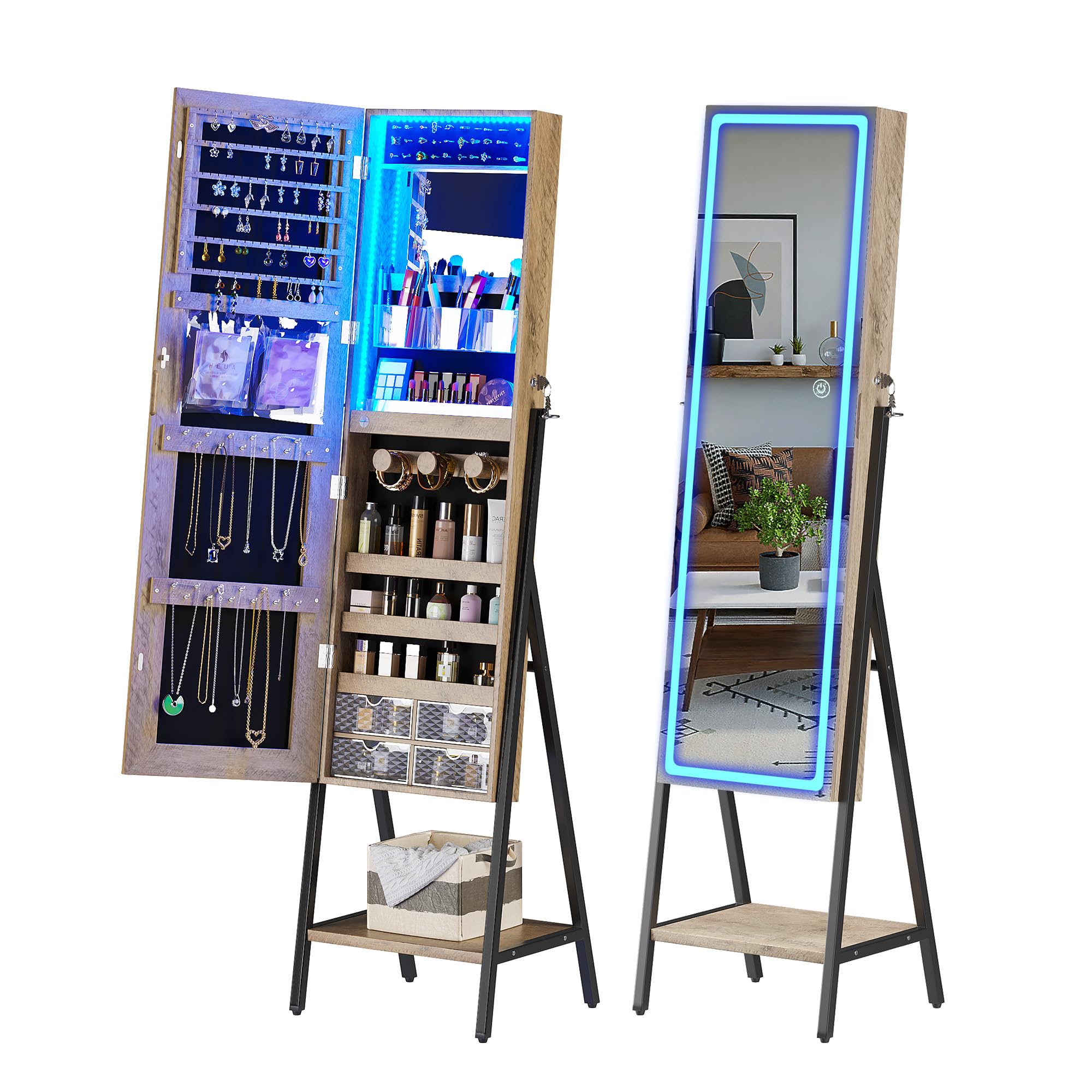 LED Mirror Jewelry Cabinet with Lock - Full Length Standing Jewelry Armoire Organizer with Adjustable Lights & Storage | Perfect Christmas Gift for Women | Ideal for Bedroom, Dressing Room & Vanity (B-Wood)