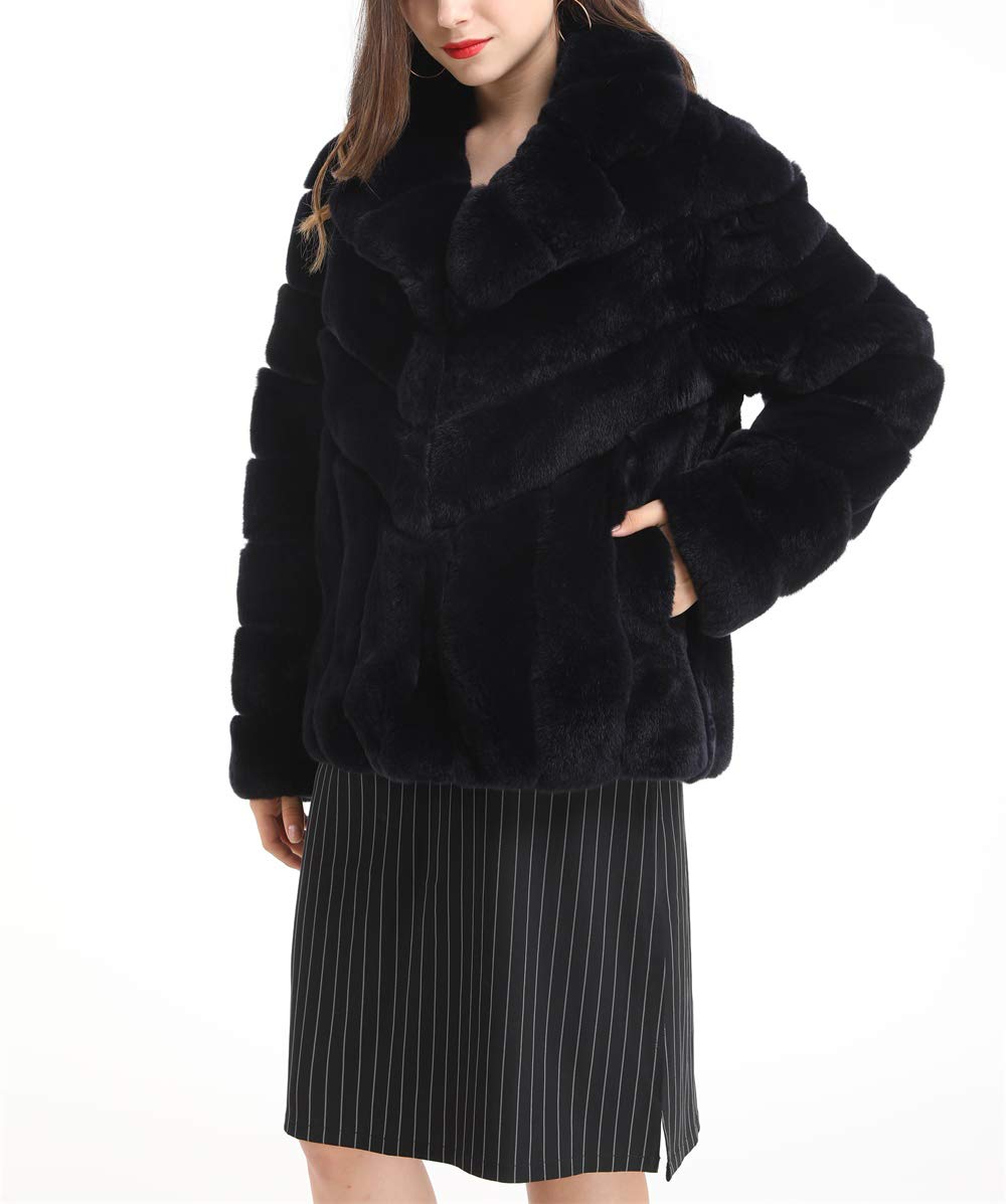 LVCOMEFF Women's Genuine Rex Rabbit Fur Jacket - Black Winter Coat, Plus Size Faux Fur Outerwear for Cold Weather, Fashionable Warm Jacket for Women | Perfect for Winter Outfits, Holiday Parties & Casual Wear
