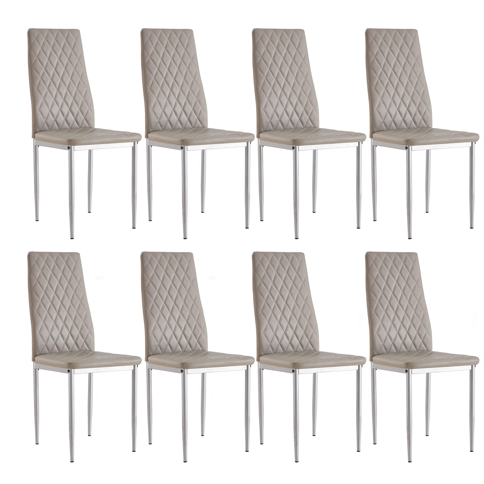 8-Piece High Back Dining Chair Set - Steel Frame, PU Leather Upholstery, Easy to Clean - Modern Kitchen & Dining Room Furniture (Grey) - Perfect for Family Meals, Dinner Parties & Home Entertaining