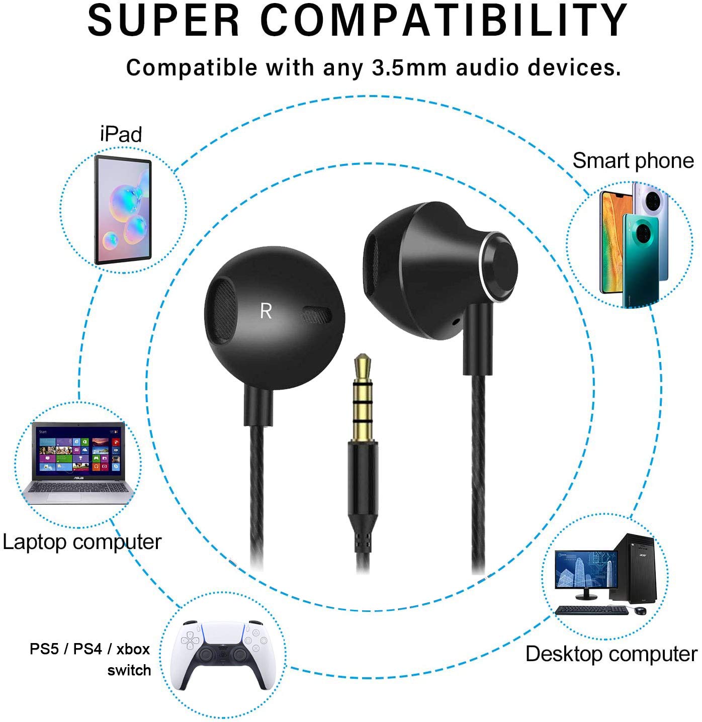 S&H 3.5mm Wired Gaming Earbuds with Microphone - HiFi Stereo Bass in-Ear Headphones for PS4, PS5, Xbox One, PC, Laptop & Smartphones - Volume Control (Black) - Perfect for Gaming, Streaming & Music Listening