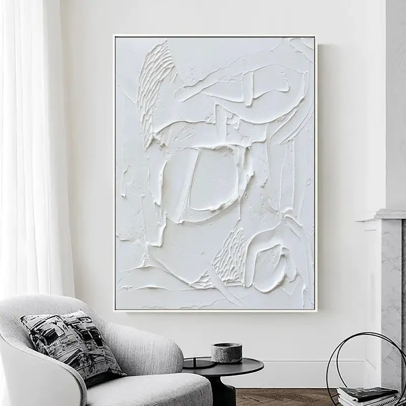 White Minimalist Textured Painting Canvas #MM010 - Premium Abstract Wall Art for Modern Home & Office Decor