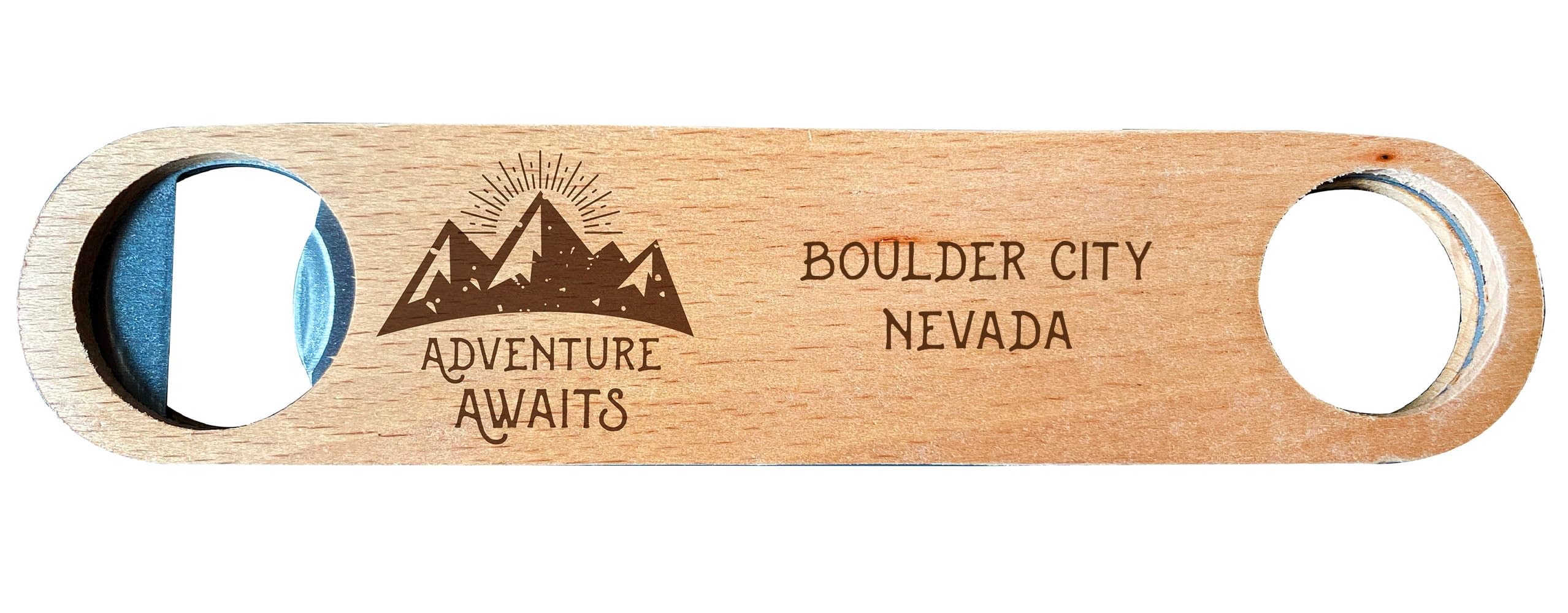 Laser Engraved Wooden Bottle Opener - Boulder City Nevada Adventure Awaits Design - Perfect for Camping, Hiking & Outdoor Gifts
