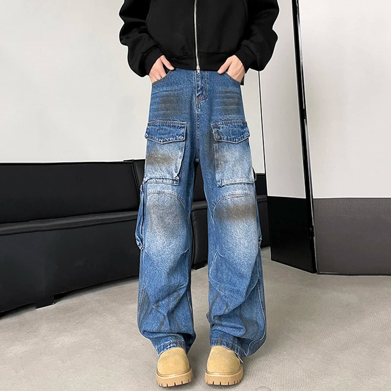 American Style Men's Denim Jeans - Multi-Pocket Pleated Straight Leg with Contrast Hem & Wide Fit | Casual Wear, Street Style & Everyday Comfort (Model 9C9281)
