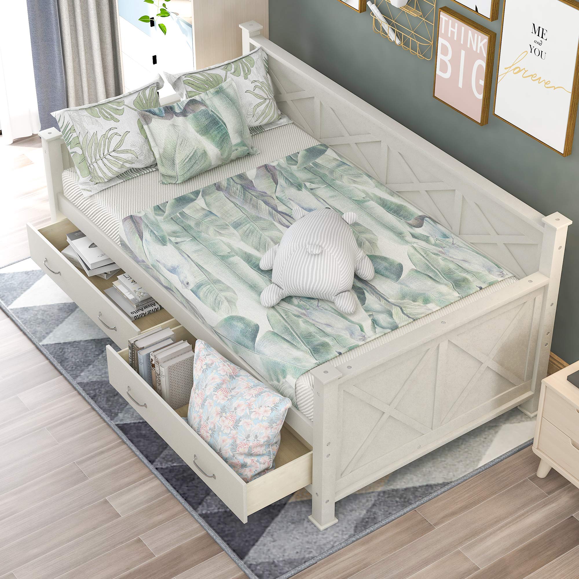 Merax Twin Size Wooden Daybed with 2 Large Drawers - X-Shaped Frame, Modern Rustic Design, Wood Slat Support (No Box Spring Needed) - Easy Assembly White Daybed for Guest Room, Dorm, or Living Room
