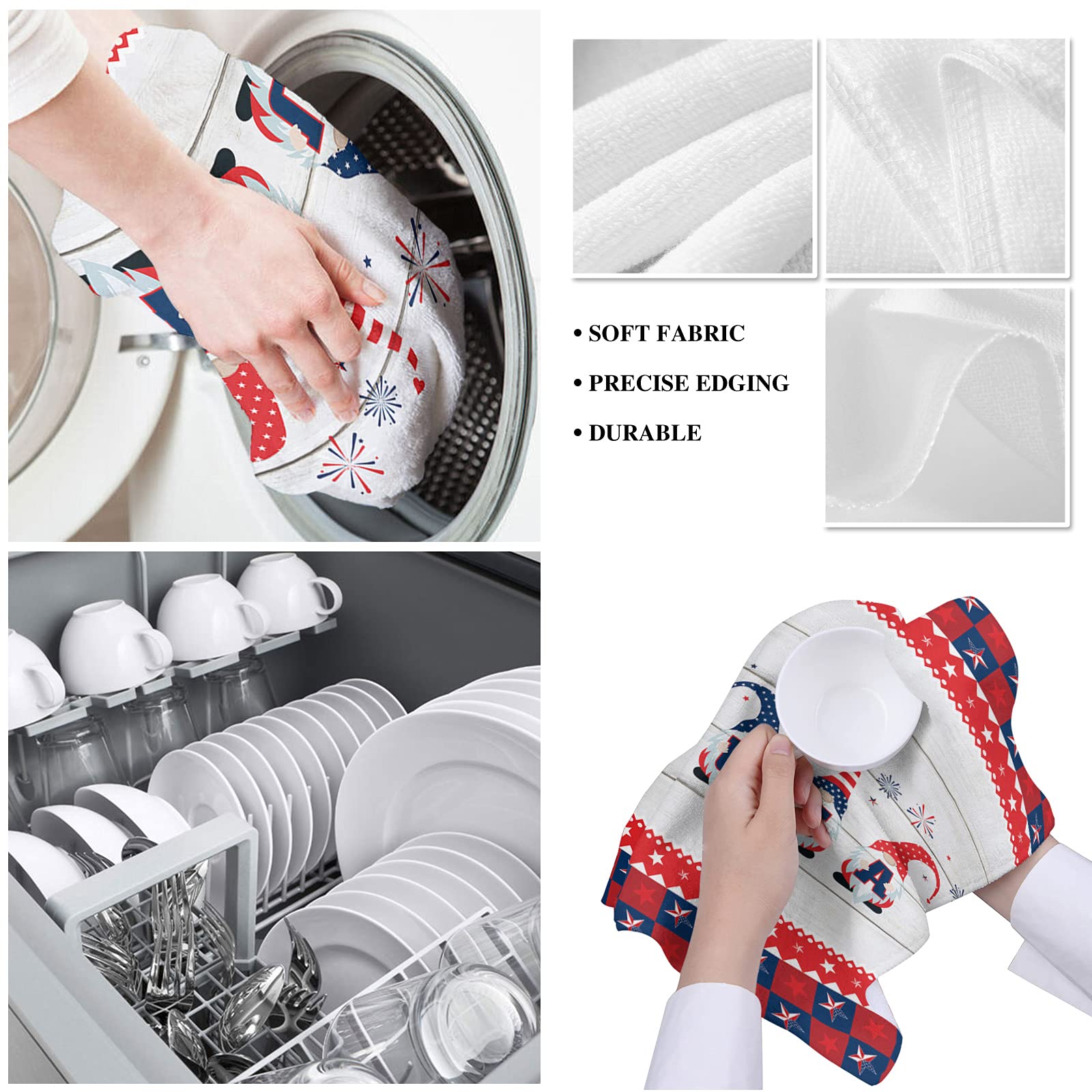 **3 Pack Super Absorbent Microfiber Dish Towels - American Flag & Gnome Design, Rustic Wood Grain Print - Soft Kitchen, Bathroom & Bar Cleaning Cloths for Dishes, Hand Drying & Tea Towels**    *(Use for drying dishes, wiping countertops, polishing glassware, or as decorative hand towels in kitchens, bathrooms, and bars.)*