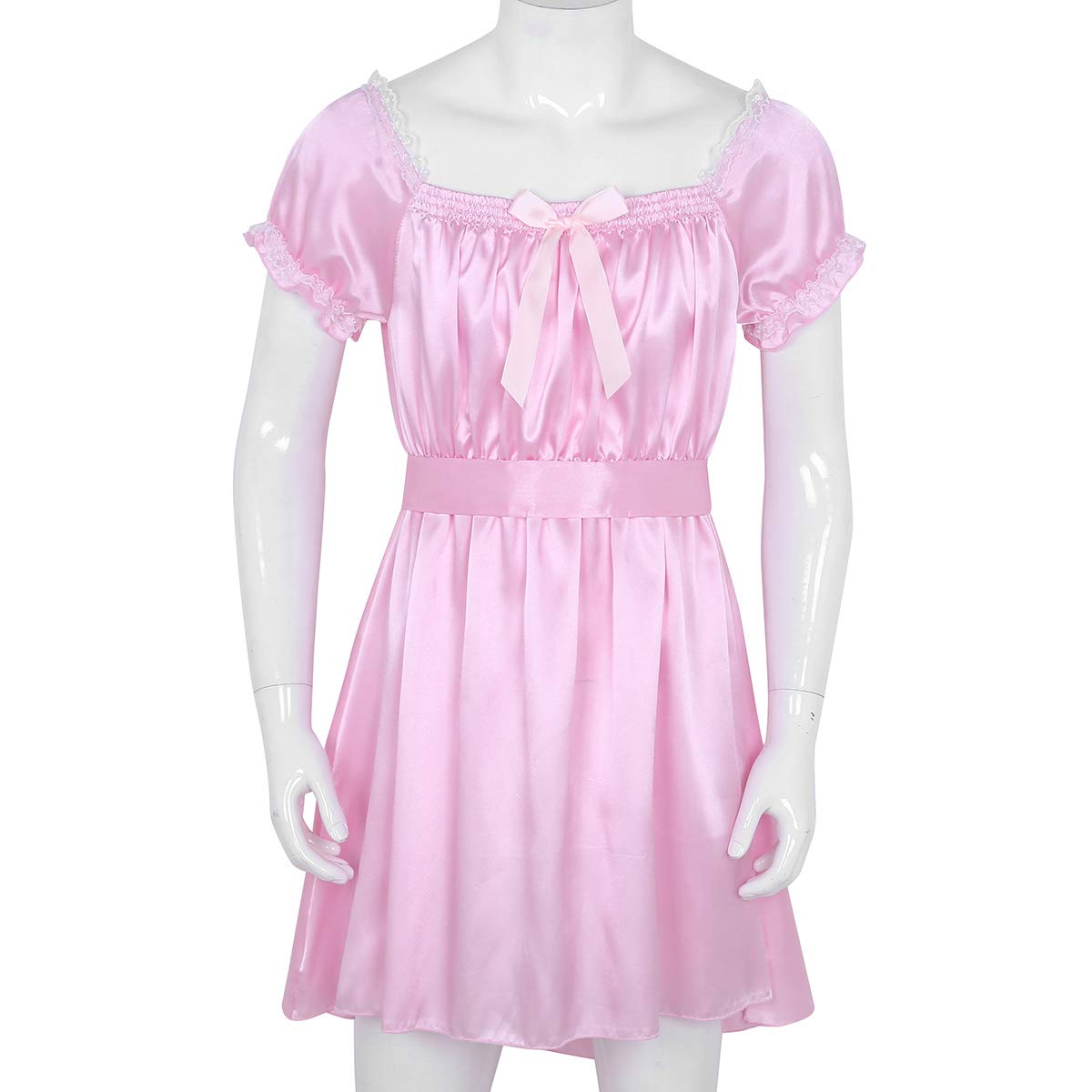 JEATHA Men's Satin Maid Nightdress - Frilly Lace Trim High-Low Hem Crossdressing Lingerie Sleepwear for Cosplay, Role Play & Nightwear