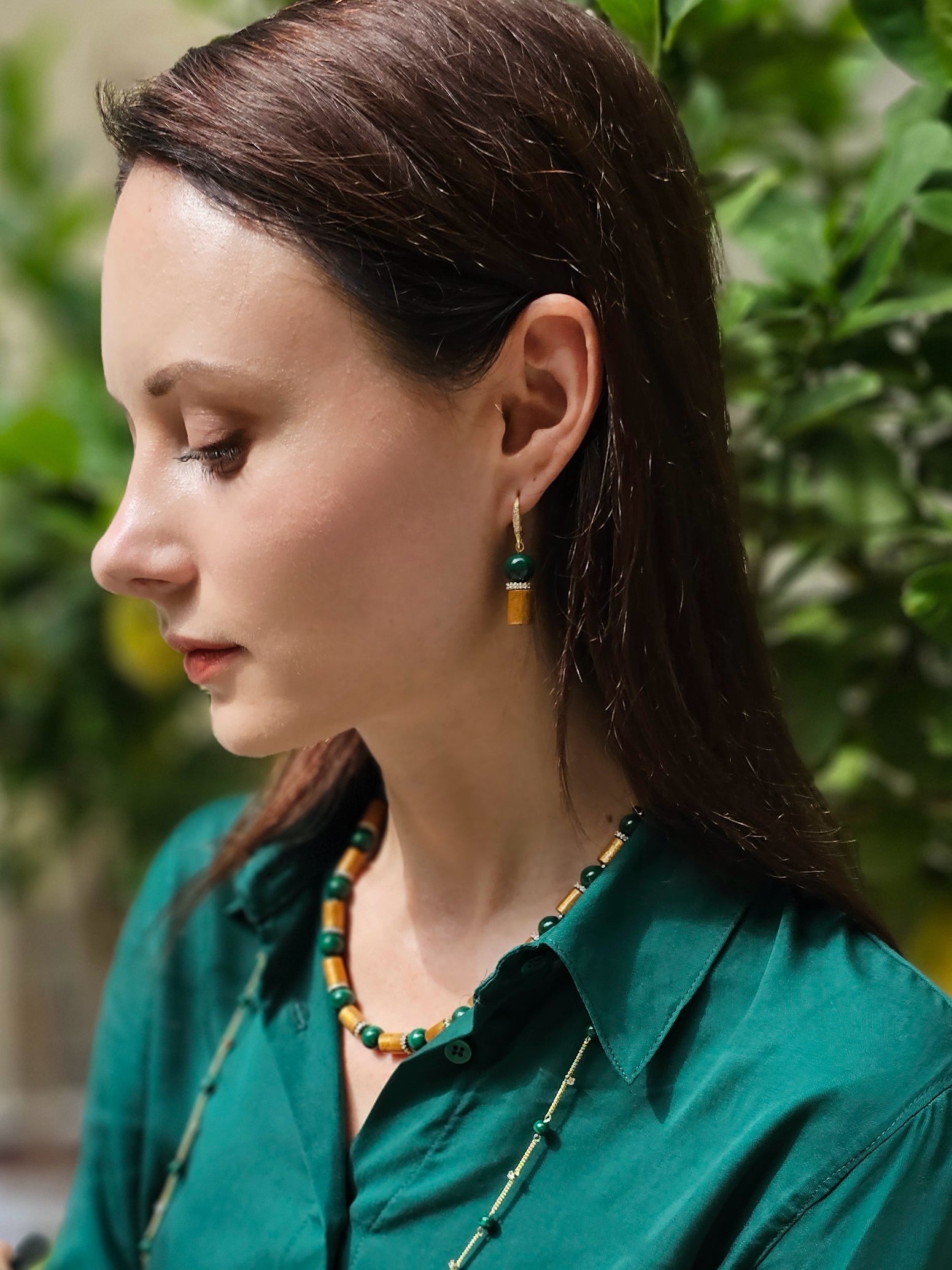 Golden Coral and Malachite Dangle Earrings NE033 - Elegant Handmade Jewelry for Women, Perfect for Parties, Weddings & Special Occasions